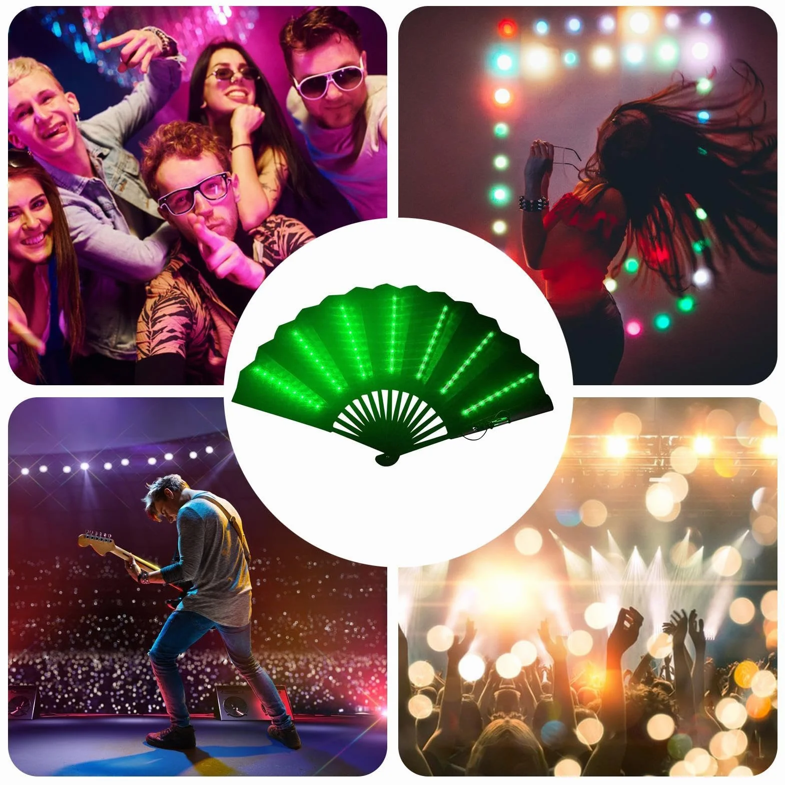 Abanico de mano plegable iluminado para festivales, multiusos de viaje