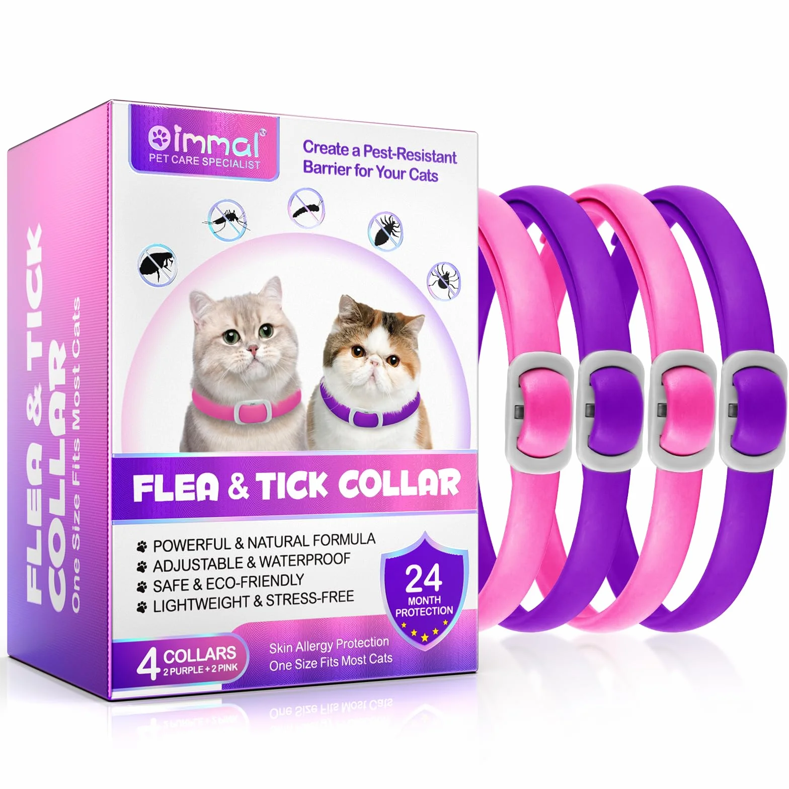 Collar Antipulgas para Gatos,Seguro y Eficaz para el Control de Pulgas y Garrapatas,Collar Antipulgas y Garrapatas,Ajustable para Todas Razas Tallas,24 Meses de Protección