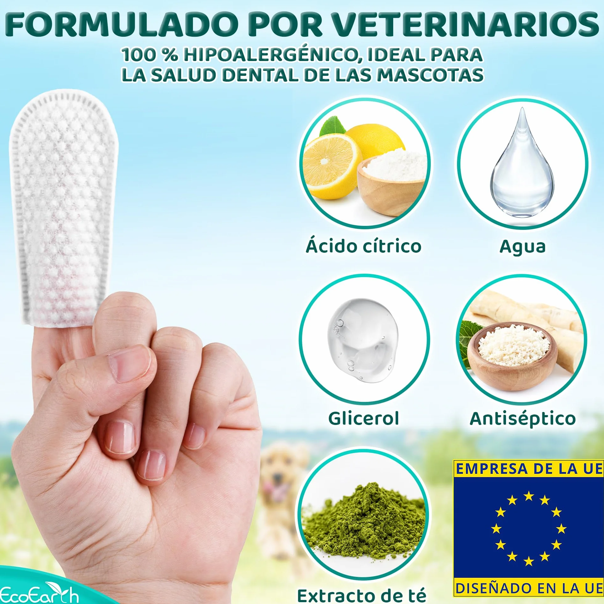 EcoEarth Toallitas de Limpieza Dental Premium para Perros y Gatos - 100 Piezas - Almohadillas para los Dedos para el Cuidado Dental de Mascotas para un Aliento Fresco y una higiene bucal