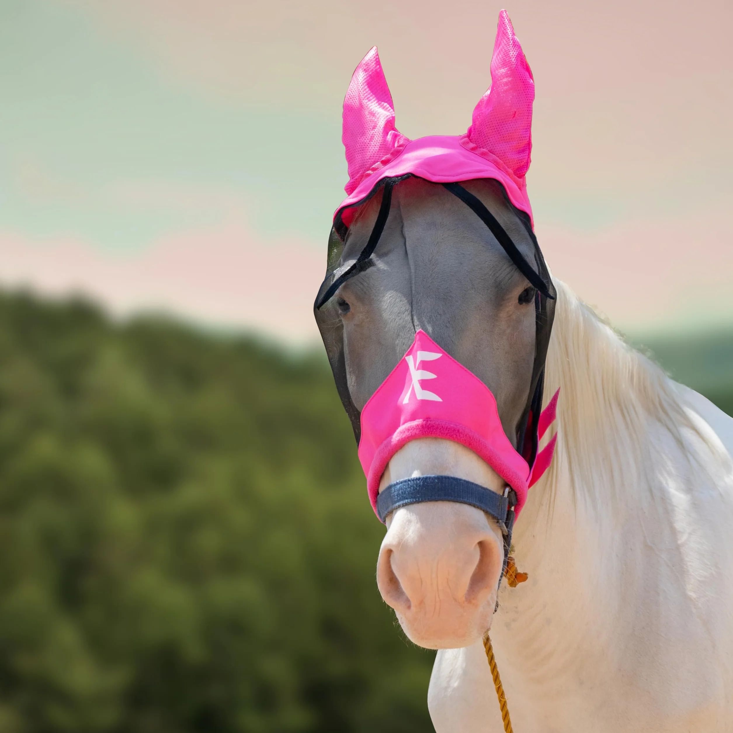 XE Máscara contra Moscas de Caballo con Orejas – Máscara de Caballo de Malla Transpirable para Cara Completa y Nariz para Protección UV y Mosca, Máscara Caballo (Half Pink Mask, COB (M))