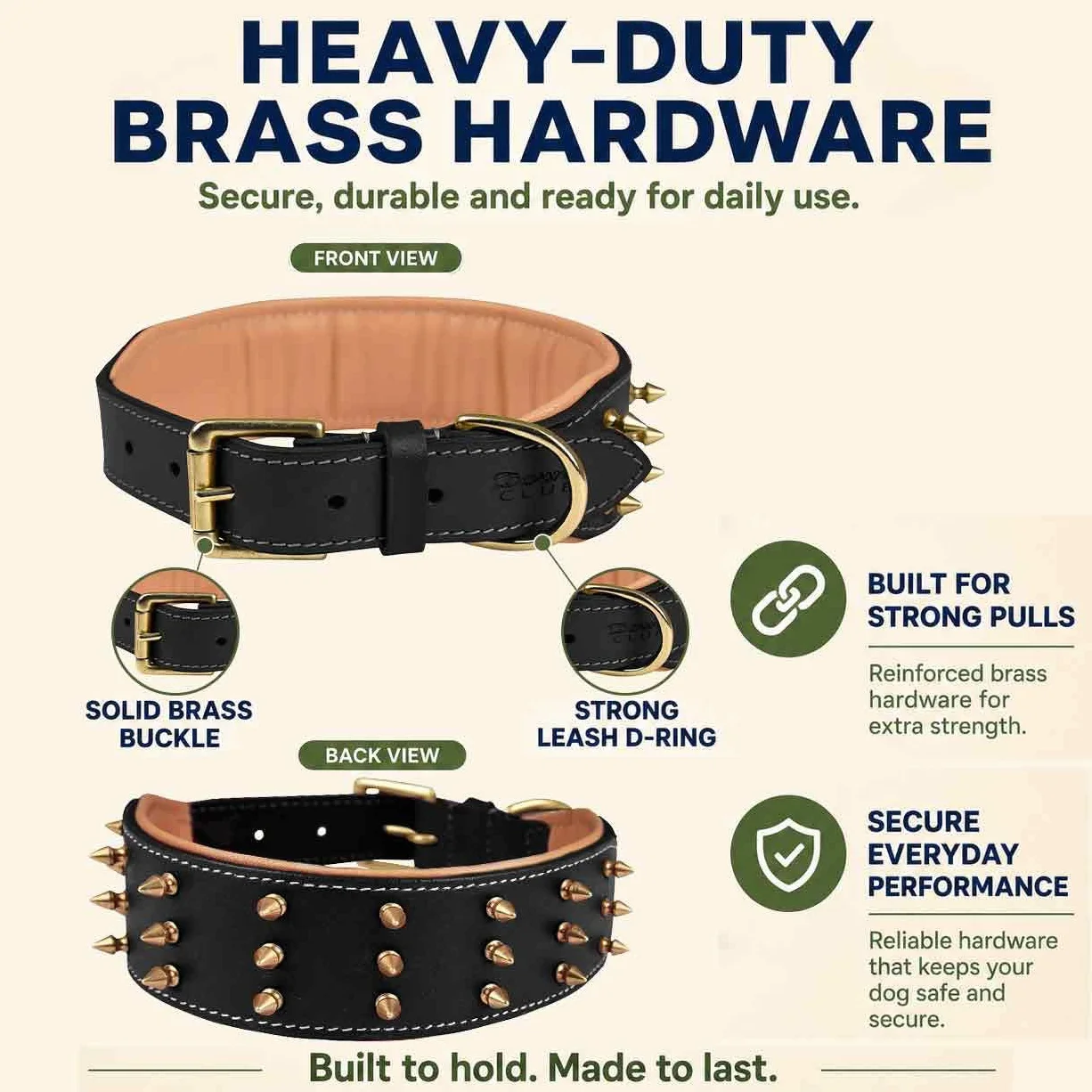 Collar de Cuero con Pinchos para Perros Grandes, Collar de 5 cm de Ancho para Perros Grandes, Collar de Perro Negro, auténtico, de Grano Completo, Resistente, cómodo, Acolchado, (L (para