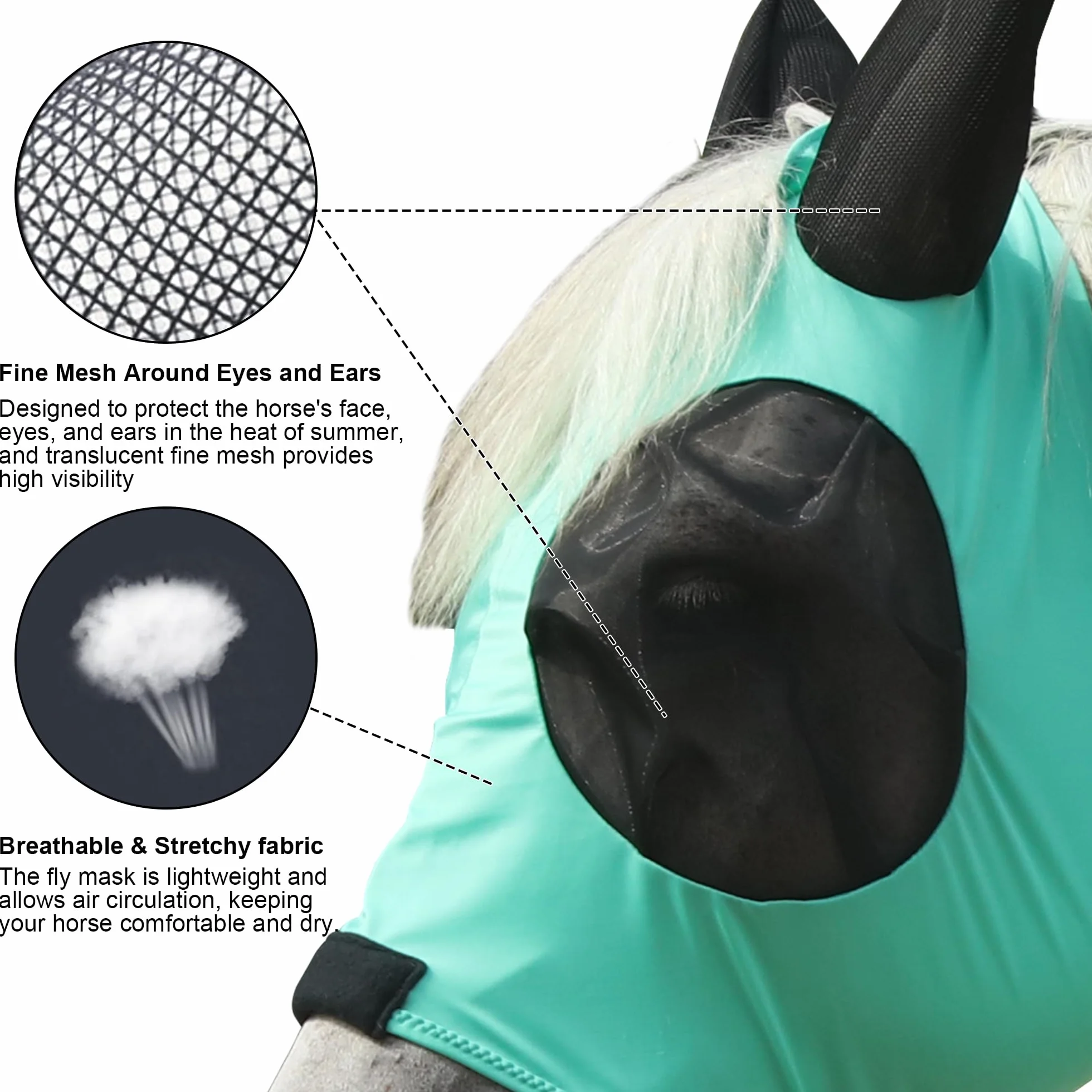 Máscara antimoscas para caballo, gran espacio para los ojos con orejas, súper cómoda, elástica, protección UV para caballo, mazorca verde