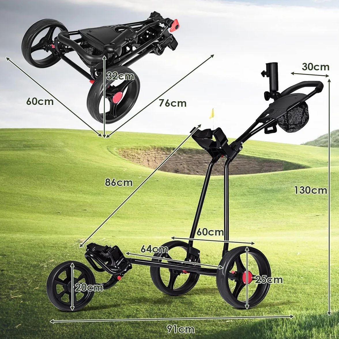 GOPLUS Carrito de Golf Plegable 3 Ruedas Goma Mango Ajustable Hierro Negro