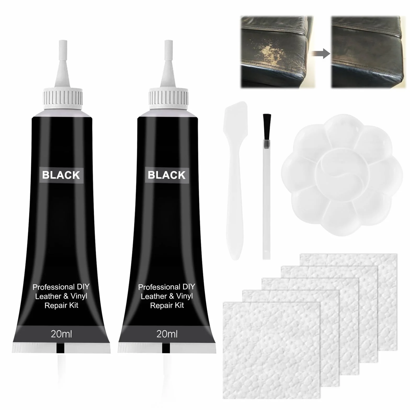 Crema de Reparación de Cuero, Kit de reparación de cuero de 2 piezas para reparar desgarros de muebles, sofá, chaqueta, asiento de barco, negro