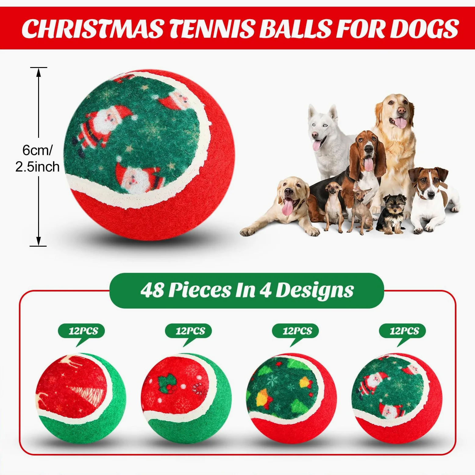 Hiboom 48 pelotas de tenis de Navidad para perros de 2.5 pulgadas, juguetes de Navidad para perros, juguete interactivo para perros pequeños, medianos y grandes, dentición, masticar, entrenamiento,