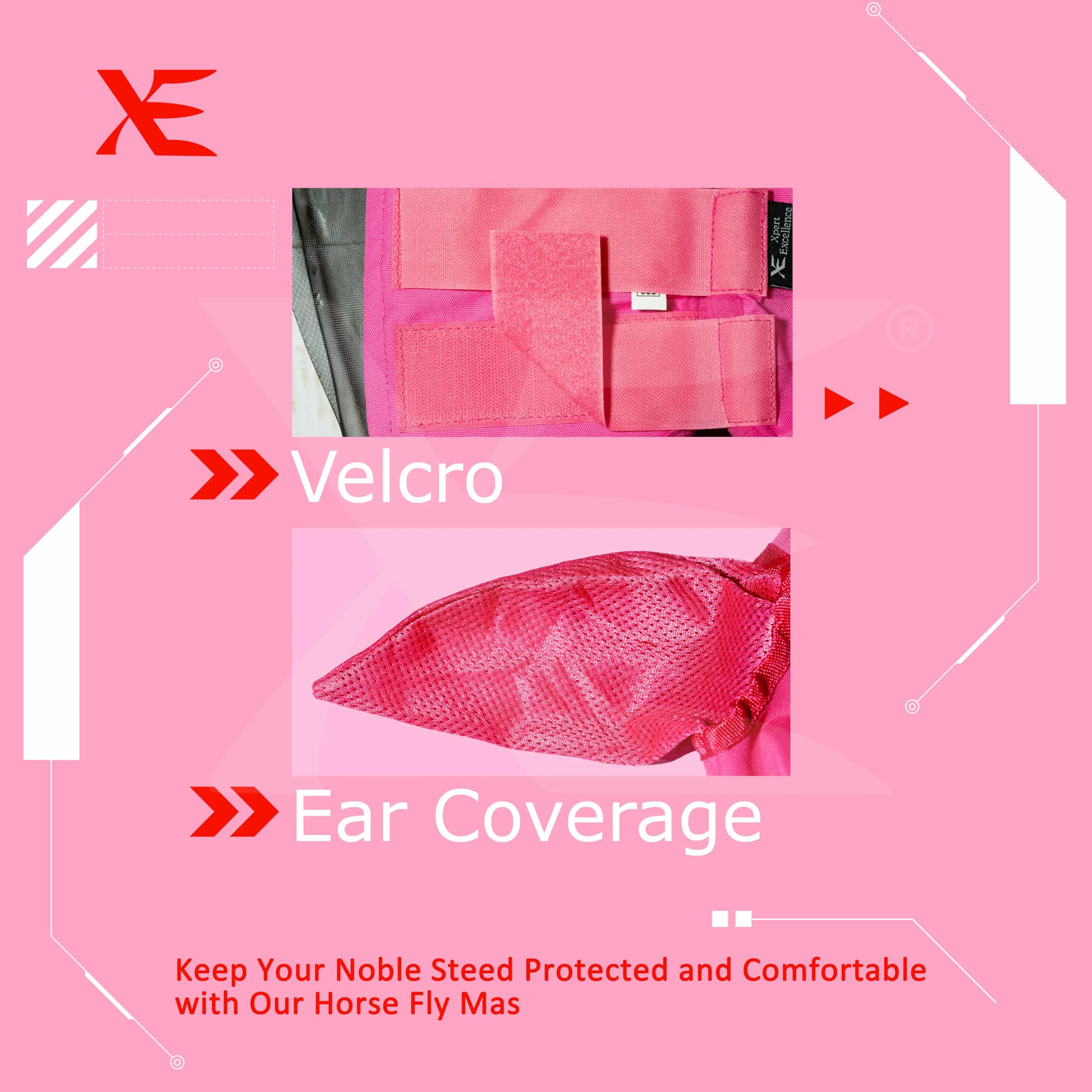 XE Máscara contra Moscas de Caballo con Orejas – Máscara de Caballo de Malla Transpirable para Cara Completa y Nariz para Protección UV y Mosca, Máscara Caballo (Half Pink Mask, COB (M))