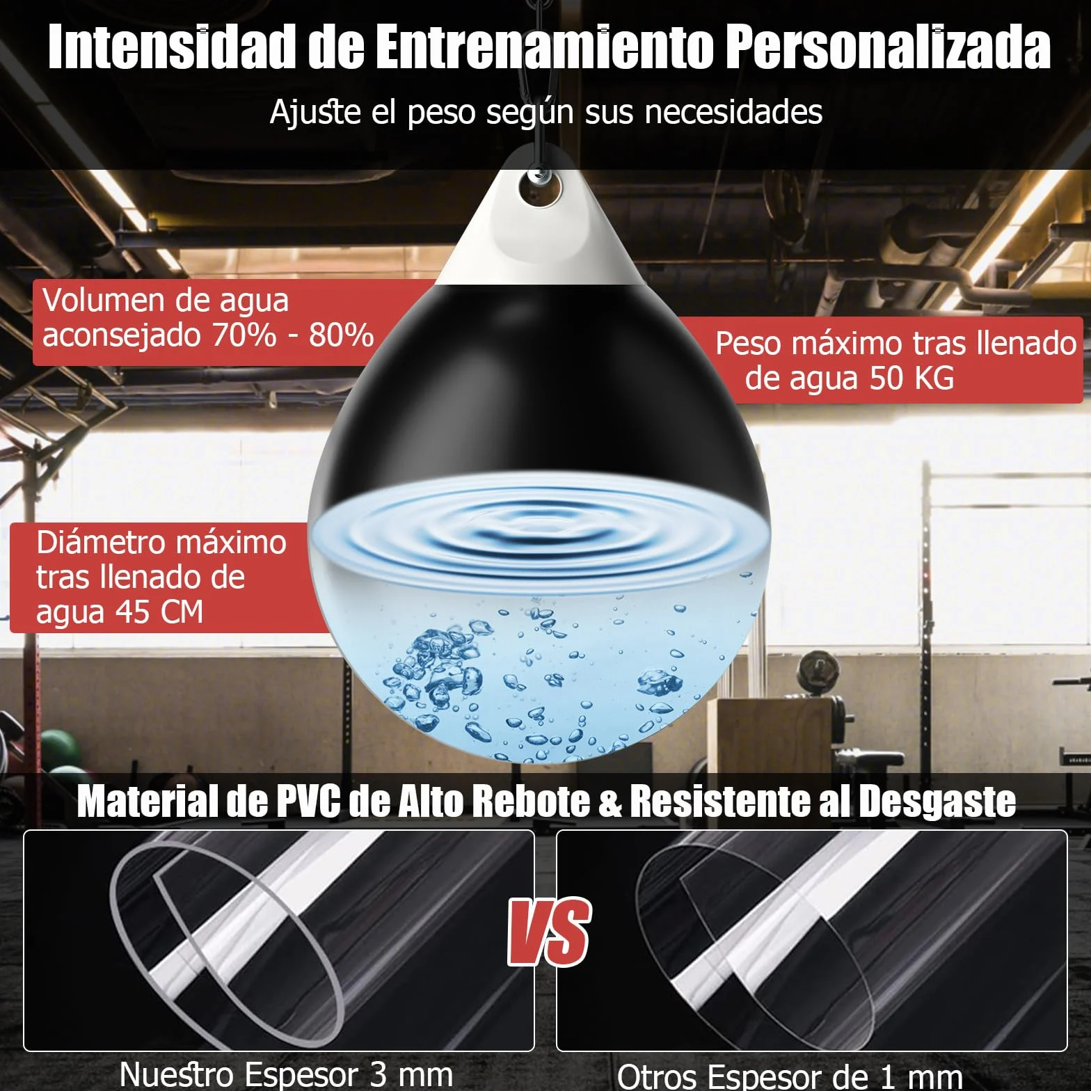 GYMAX Saco de Boxeo de Agua 45 cm 50 kg Cadena Metálica Ajustable