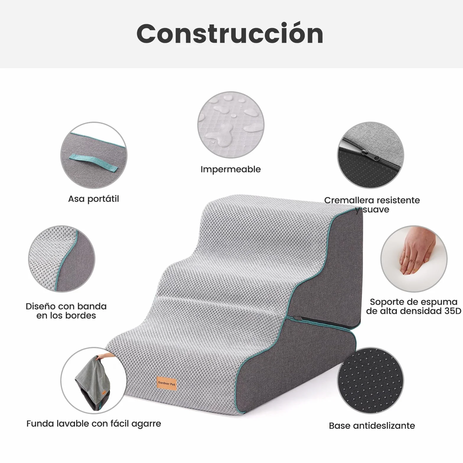 Gardner Pet Escaleras para Perros 2 en 1, Altura 42cm, con Tres Peldaños de Espuma de Alta Densidad y Diseño Antideslizante para Facilitar el Acceso a Sofás y Camas - Gris