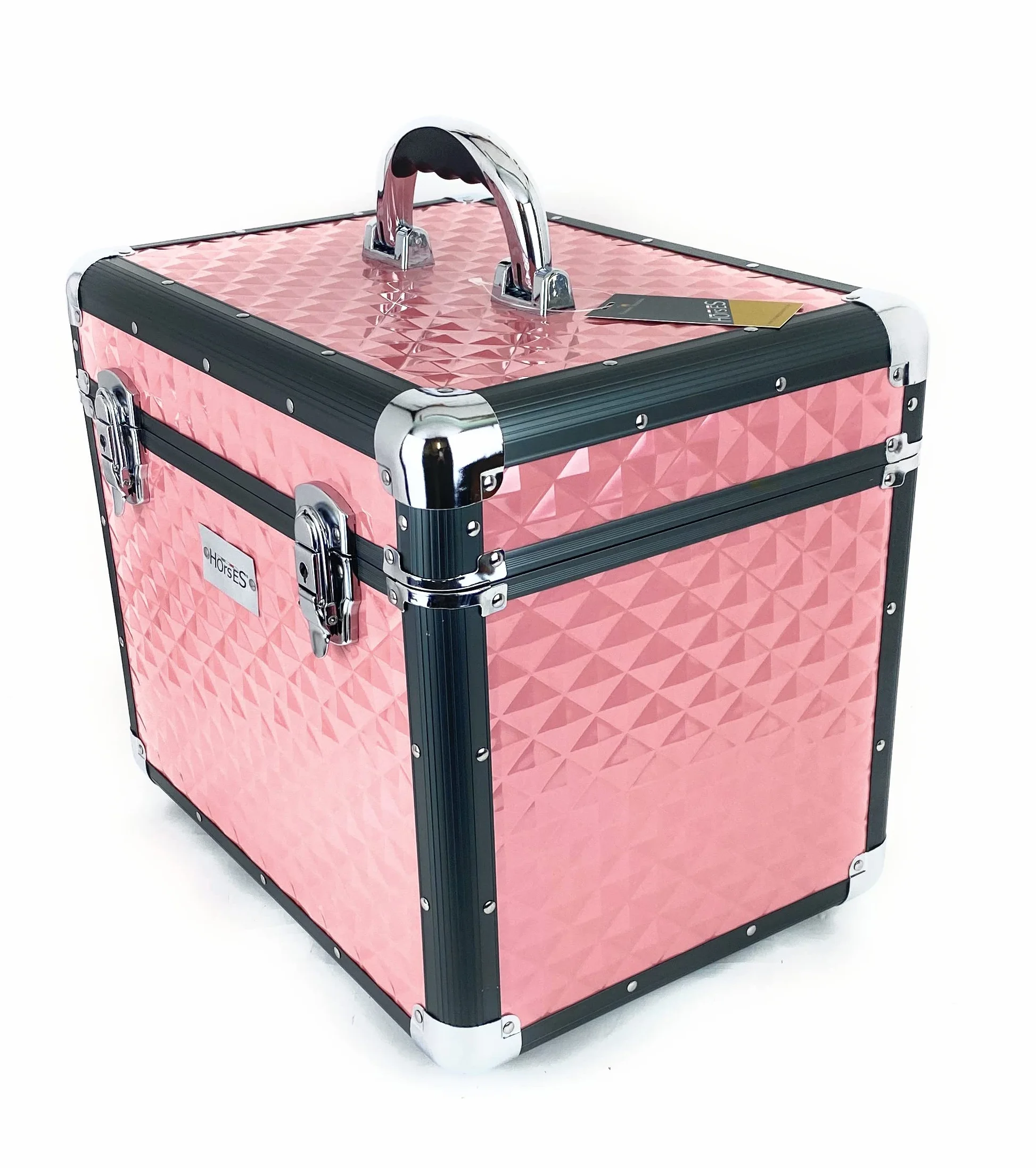 Horses, Baúl Shiny para el cuidado del caballo, caja porta accesorios para el aseo ecuestre, porta kit de cepillos, caja de aluminio 30 x 38 x 26 cm, rosa