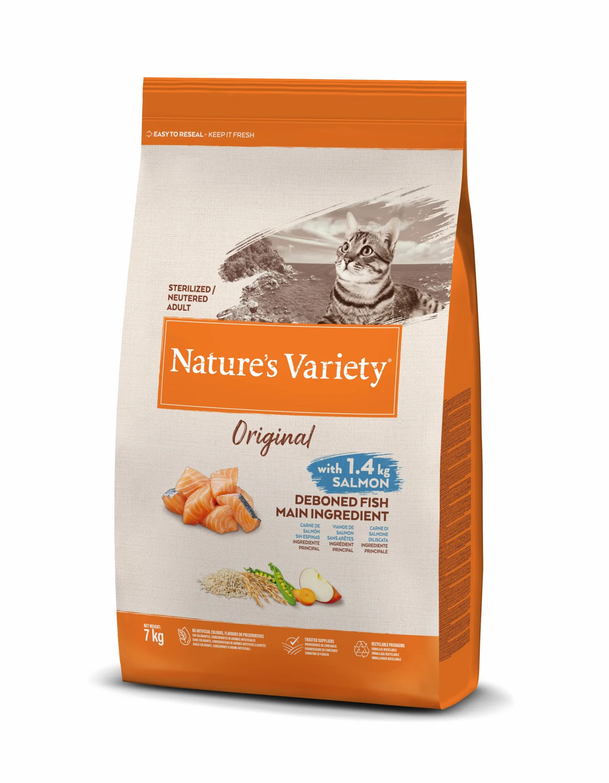 Nature's Variety Original, Pienso para Gatos Adultos con Pollo Deshuesado, 7kg & Original, Pienso para Gatos Adultos Esterilizados con Salmón sin Espinas, 7kg