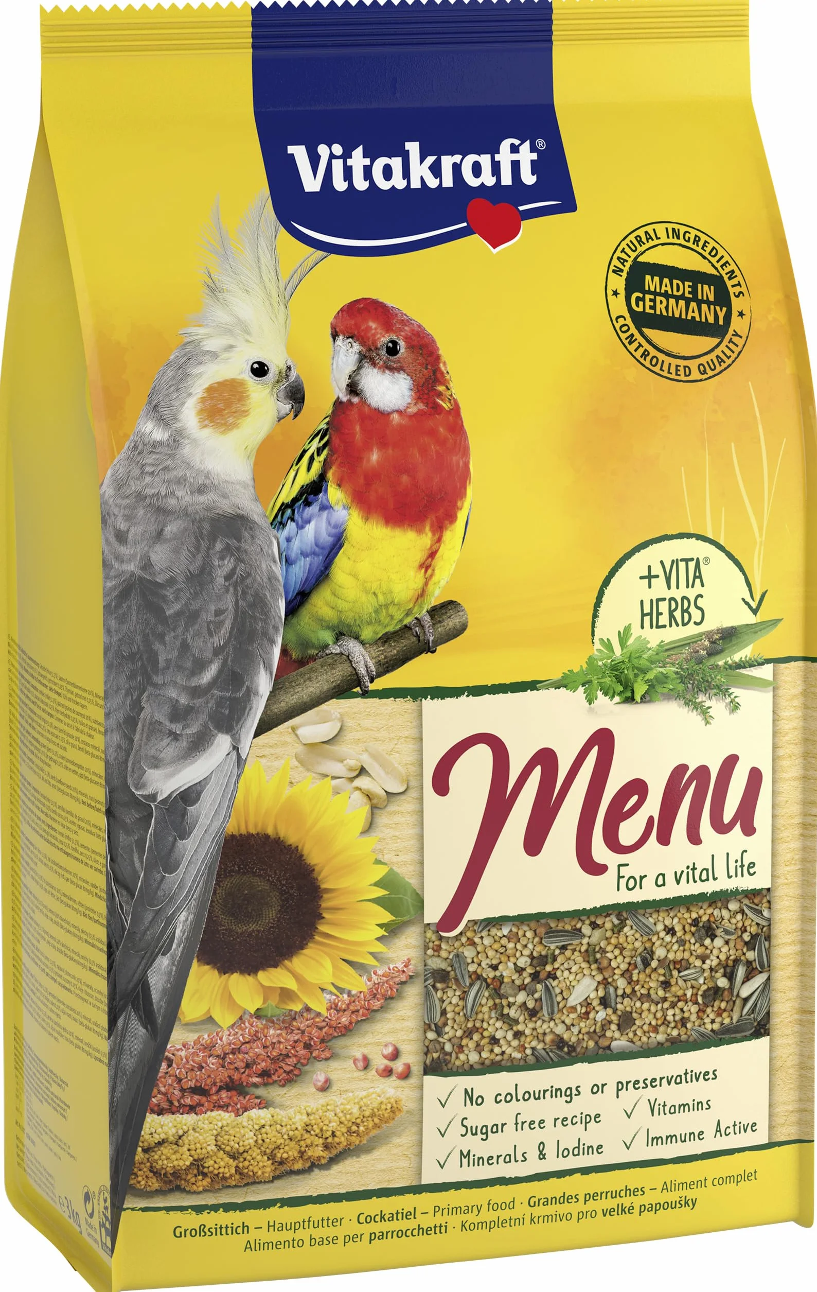 Vitakraft Menu, comida para pájaros periquitos grandes, con cereales y frutos secos, a granel, sin azúcar añadido (1x 3kg)