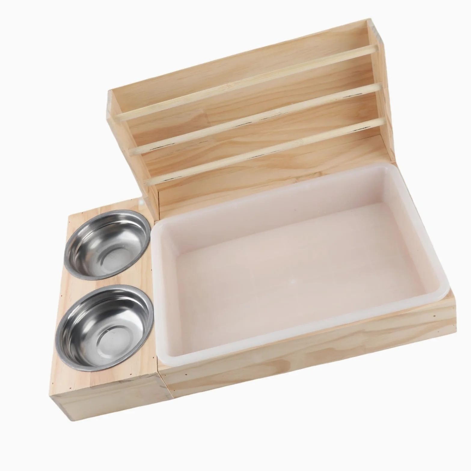 JTLB Comedero para heno 3 en 1 de madera con bandeja de para gatos y 2 comederos, gran capacidad, para cobayas, conejos y animales pequeños