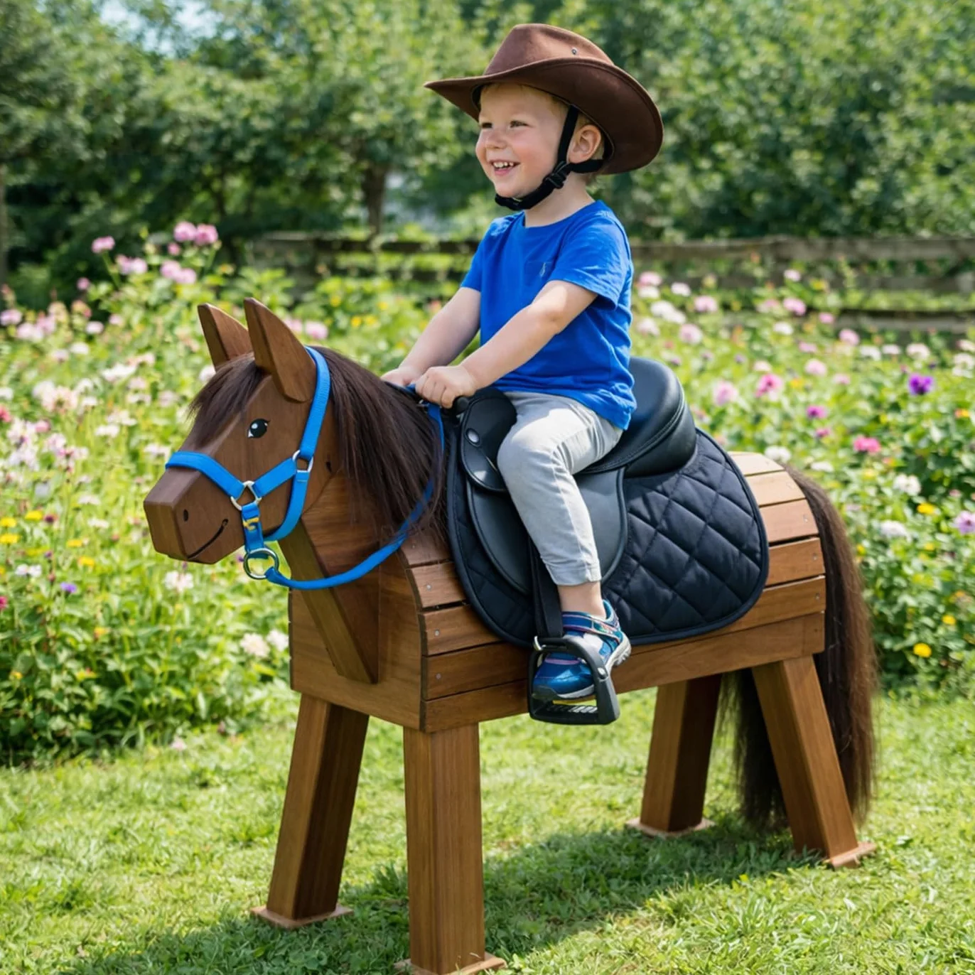 Brama West - Conjunto de silla de montar para caballo de madera "My Happy Pony" | Silla de montar para shetty, caballo de madera y caballo de peluche | con sudadero, cincha, estribos y aciones (Negro)