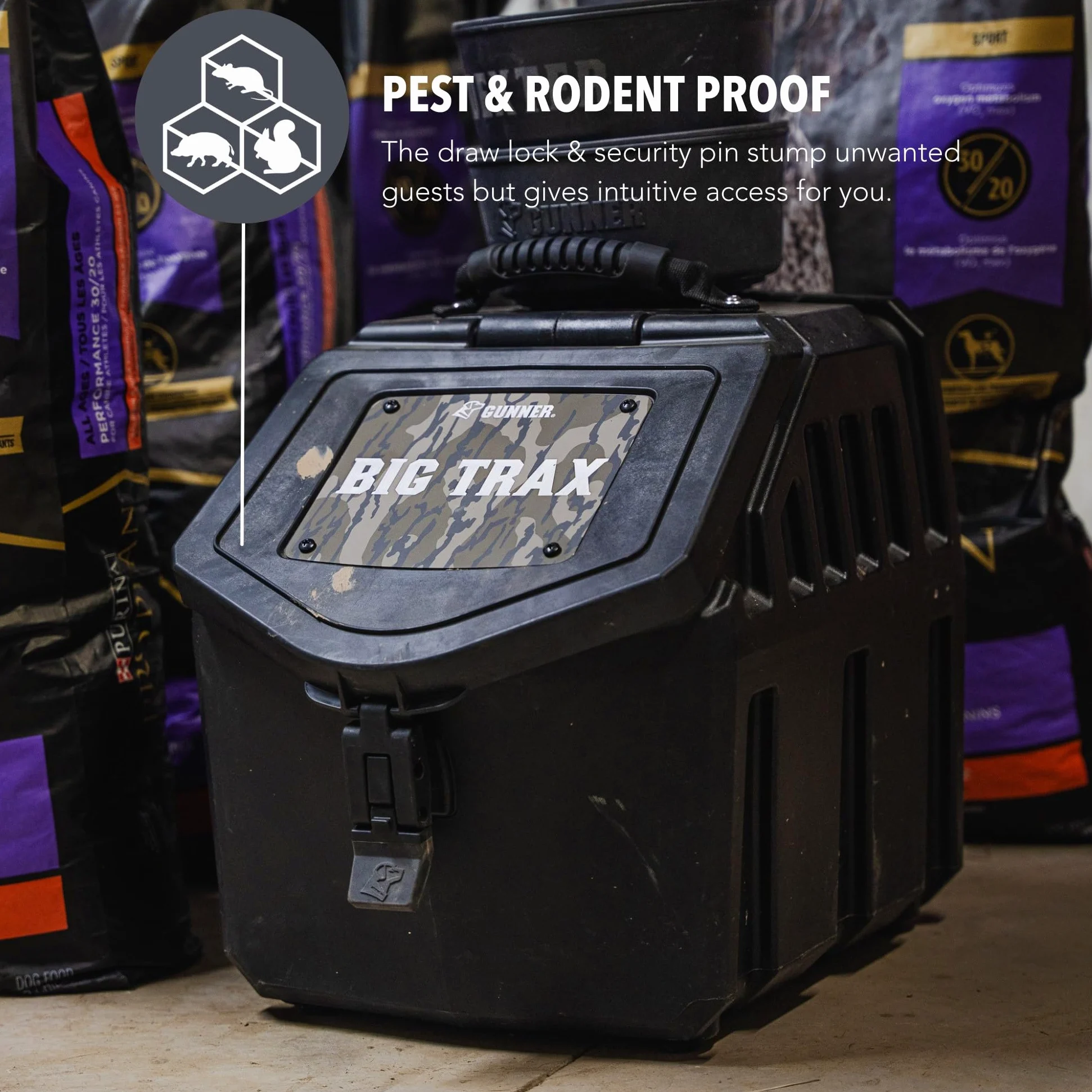 GUNNER Contenedor de almacenamiento de alimentos para perros de 30 libras, impermeable y hermético para mascotas, contenedor multiusos para alimentos secos, maíz, alimentación de pollo, golosinas,