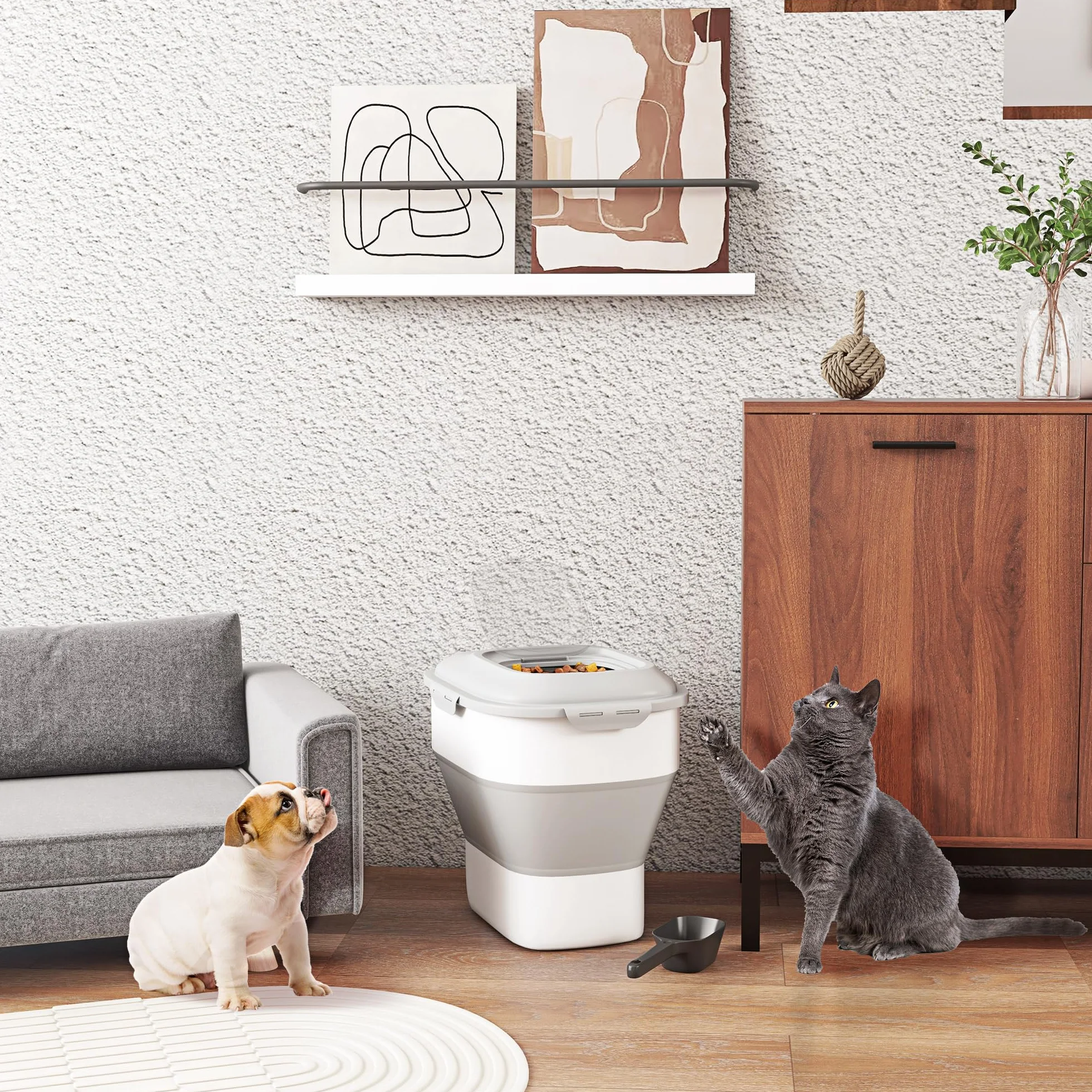 PawHut Contenedor de Comida para Perros Plegable 25L Contenedor de Pienso con Ruedas Taza Medidora Cuenco Plegable y Cuchara Contenedor de Comida para Mascotas Gatos Gris