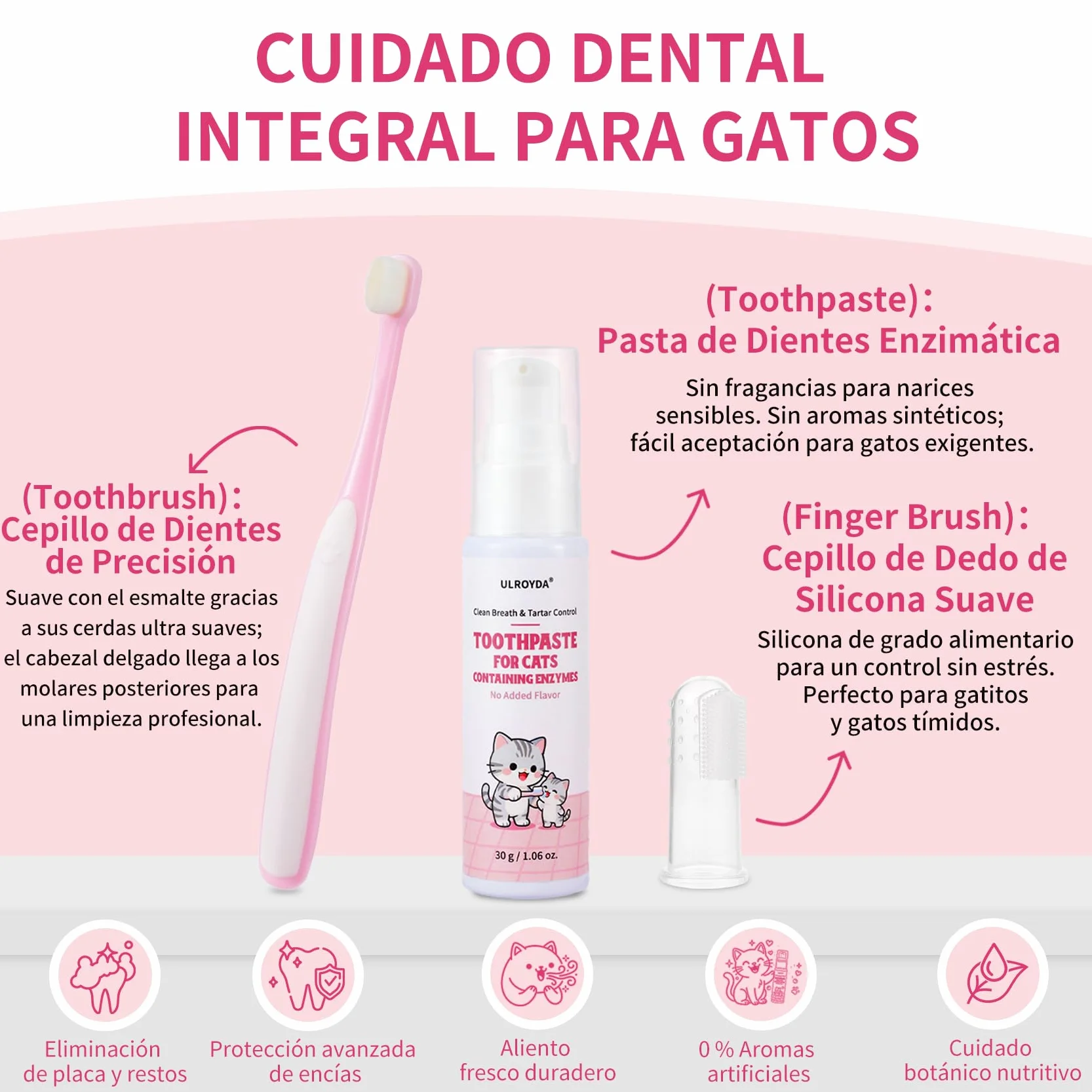 Pasta de Dientes Enzimática para Gatos - Kit Dental con Cepillo, Gel Sin Perfume contra la Placa y Mal Aliento, Previene el Sarro - 30g