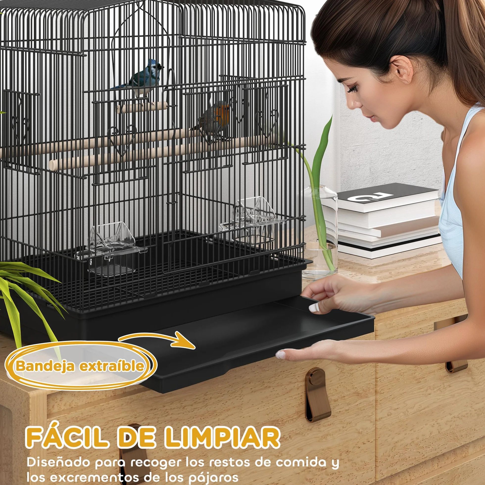PawHut Jaula para Pájaros, Jaula de Acero para Pájaros con Puertas, 2 Comederos, 2 Perchas, Columpio, Bandeja Extraíble y Asa de Transporte, para Loro, Canario, Periquito, 46,5x36x59 cm, Negro