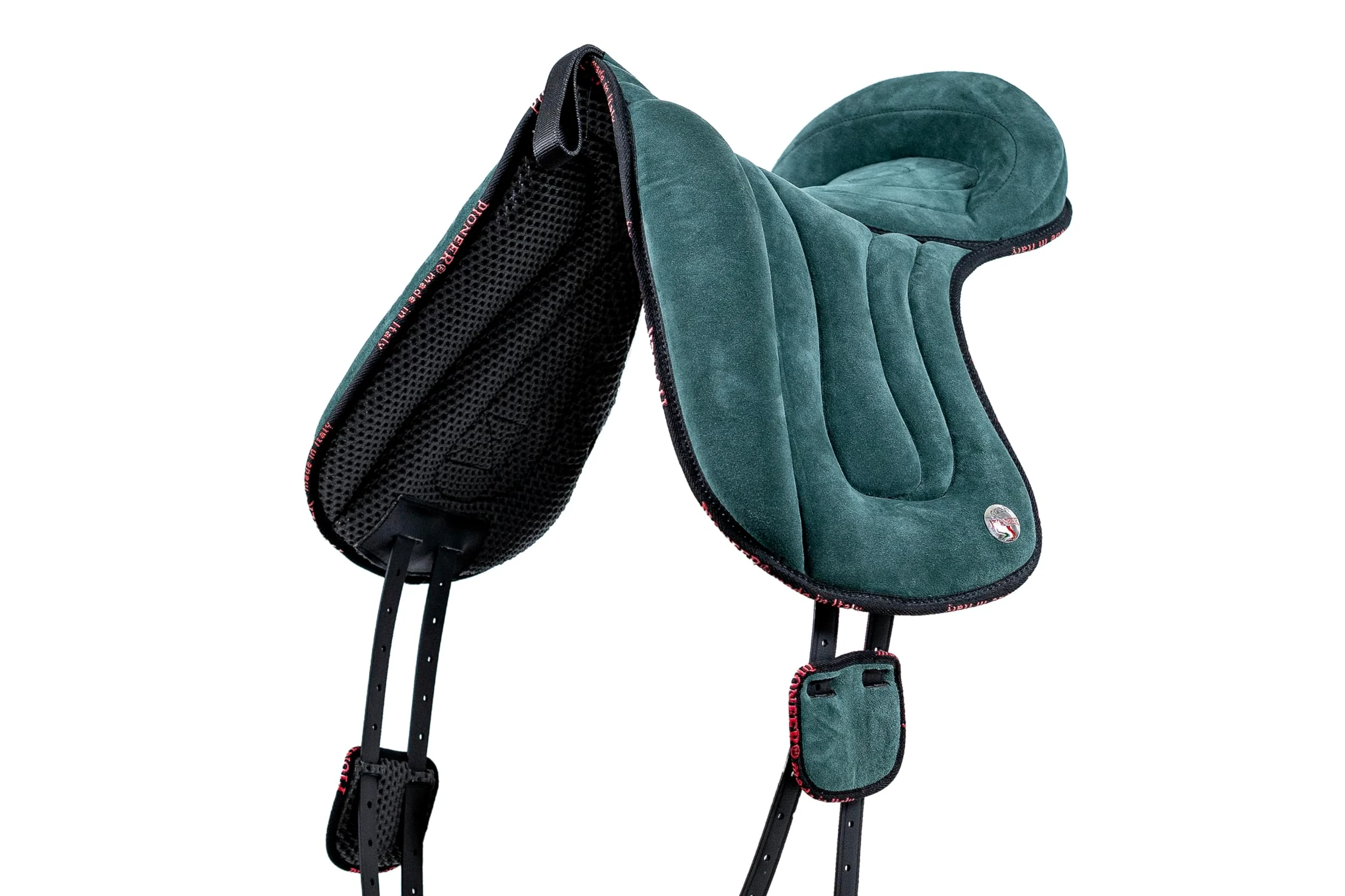 PIONEER Silla de Montar Caballo 50x45 en Piel de Ante - Silla de Equitación Bareback para Monta Natural, Hecha en Italia - Acolchado de Ovata y Espuma de Memoria - Cincha de Neopreno - Negro