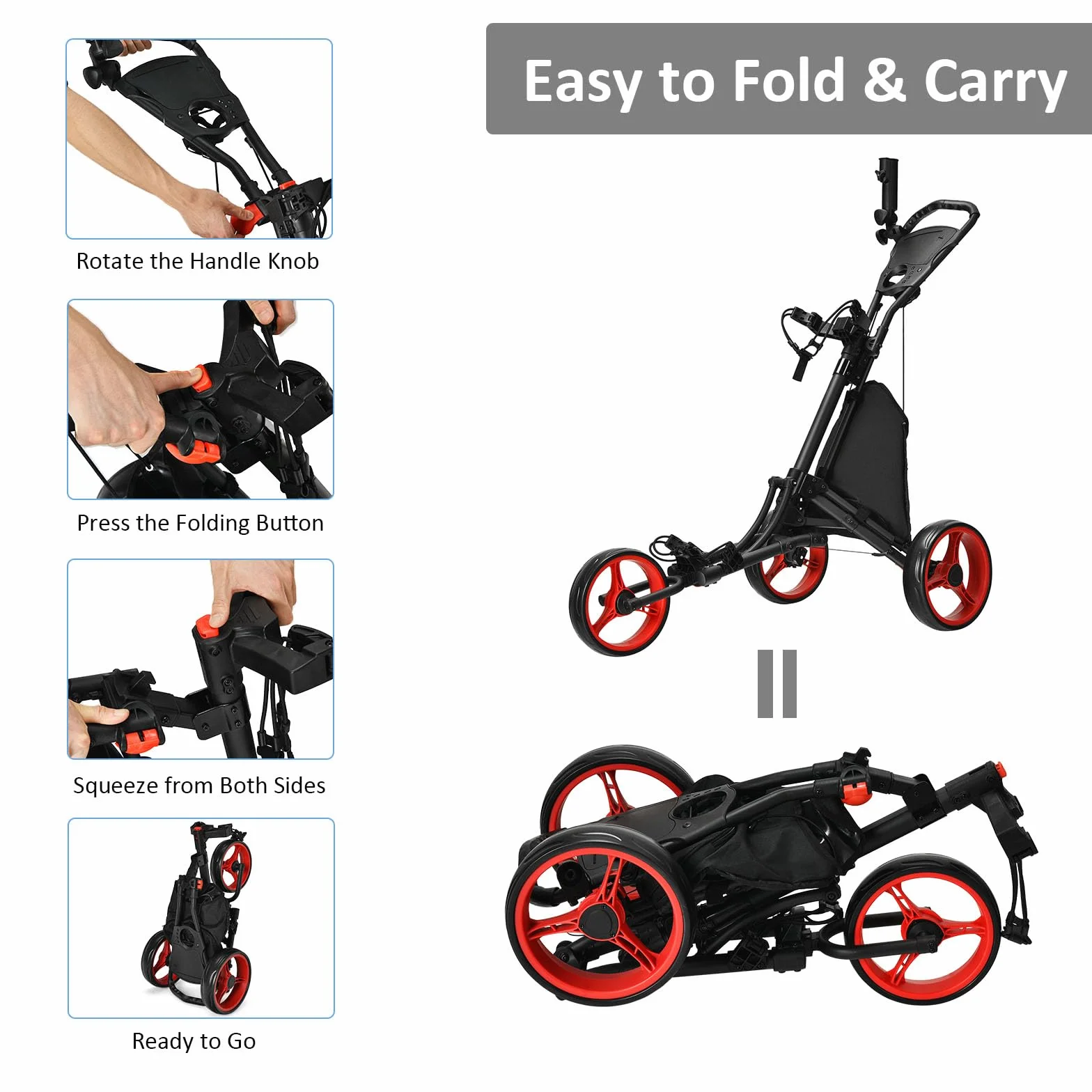 LIFEZEAL Carrito de Golf Plegable 3 Ruedas con Freno de Pie, Altura Ajustable, Paragüero, Portabotellas y Bolsa