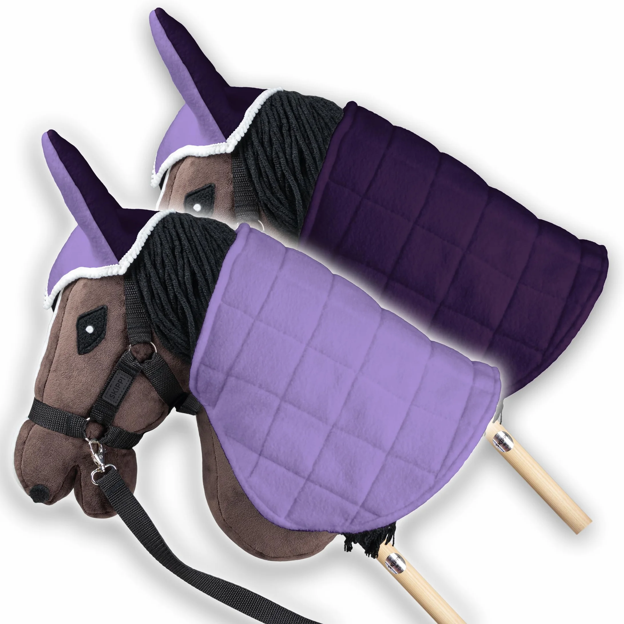 SKIPPI Manta y Orejeras para Caballo Hobby Horse – Lila y Ciruela, Hobby Horse Accesorios, Manta Reversible y Orejeras Antimoscas para Caballo de Palo, Hobby Horsing