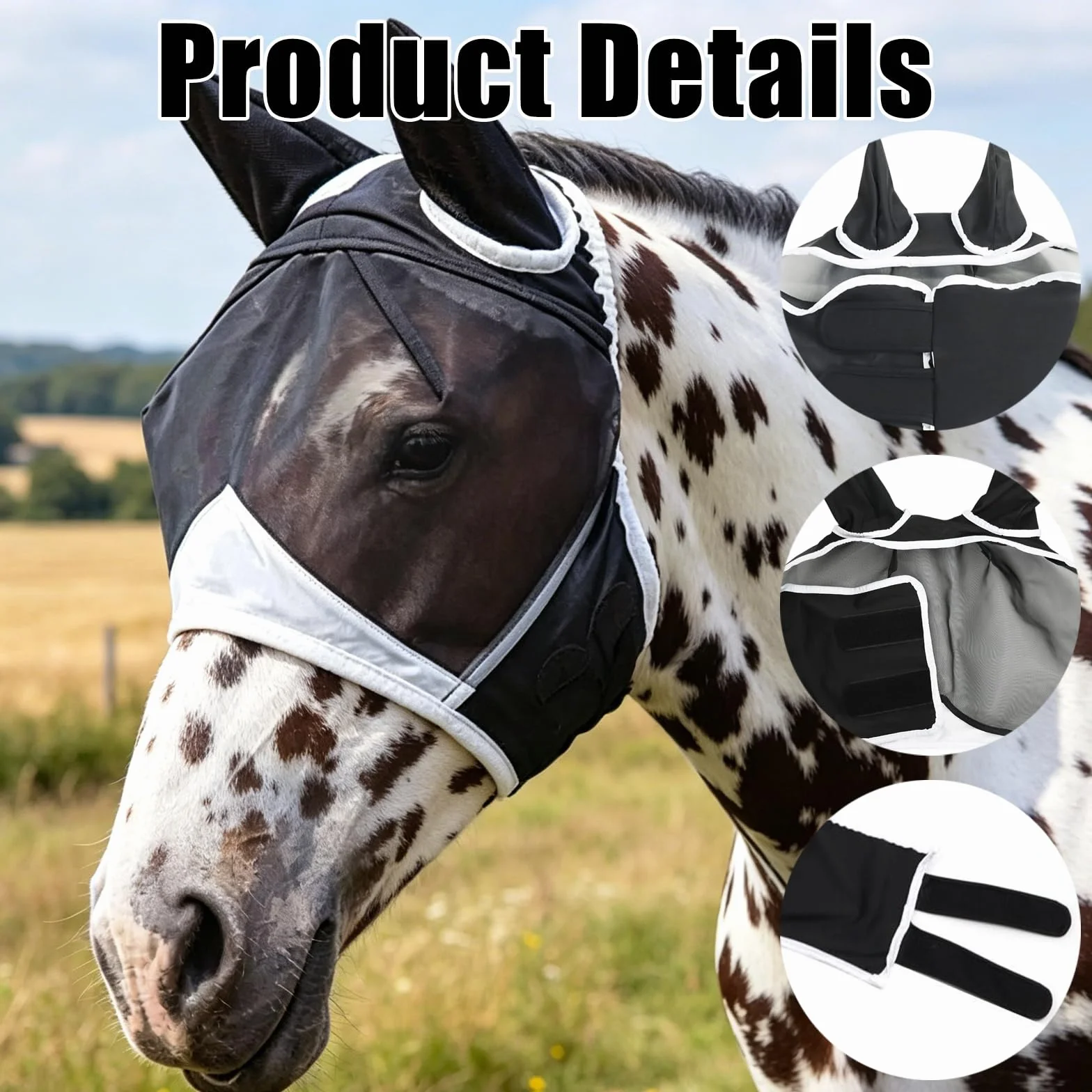 Máscara transpirable para moscas de caballo, máscara de mosca de caballo blanco y negro con orejas, tamaño ajustable (L)