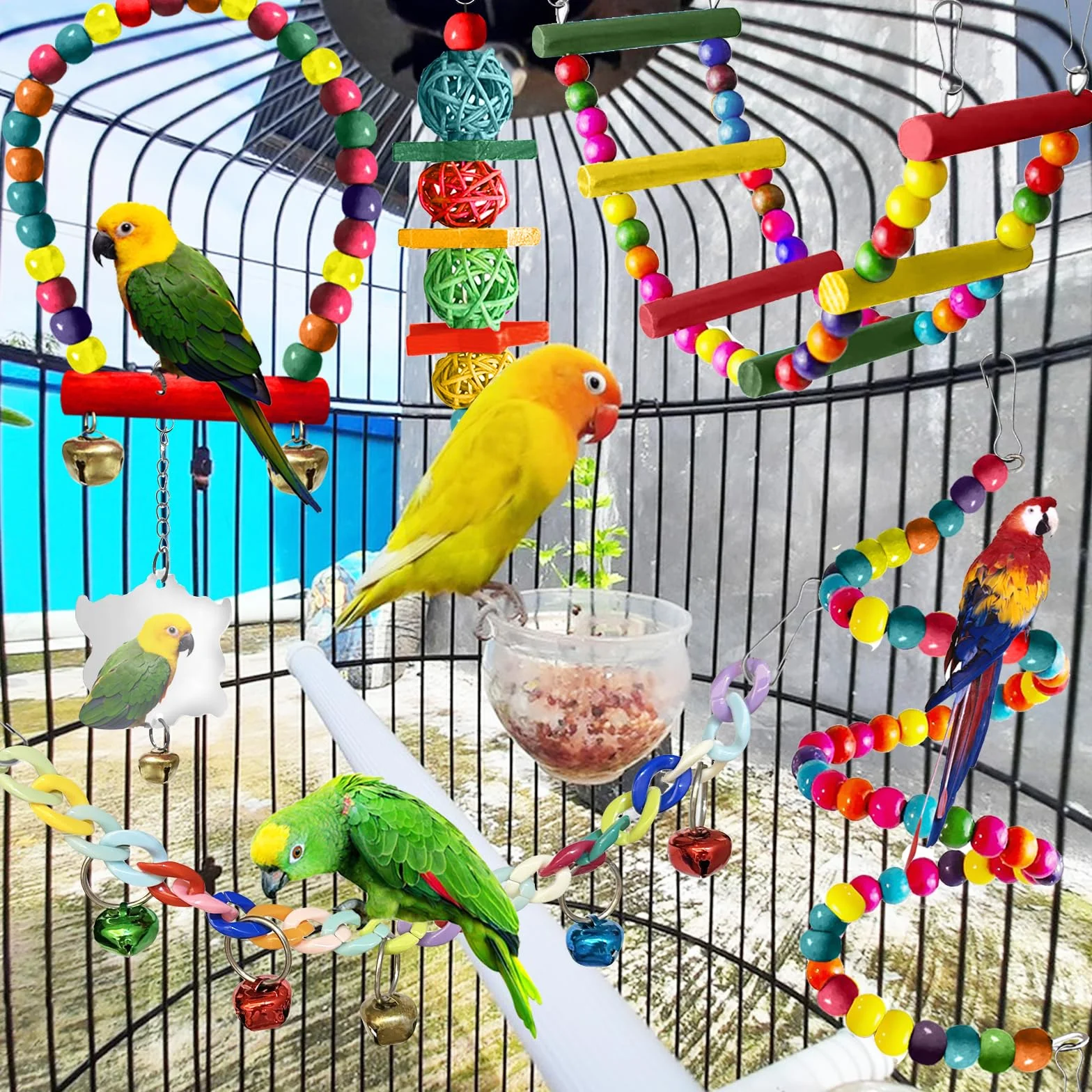 Juguetes para Pájaros, Juguetes de Loro Pájaro, Juguetes Agapornis, Accesorios para Jaula de Pájaros, con Campanas, Columpios, Juguete de Masticación, para Pequeños y Medianos Loros de Aves