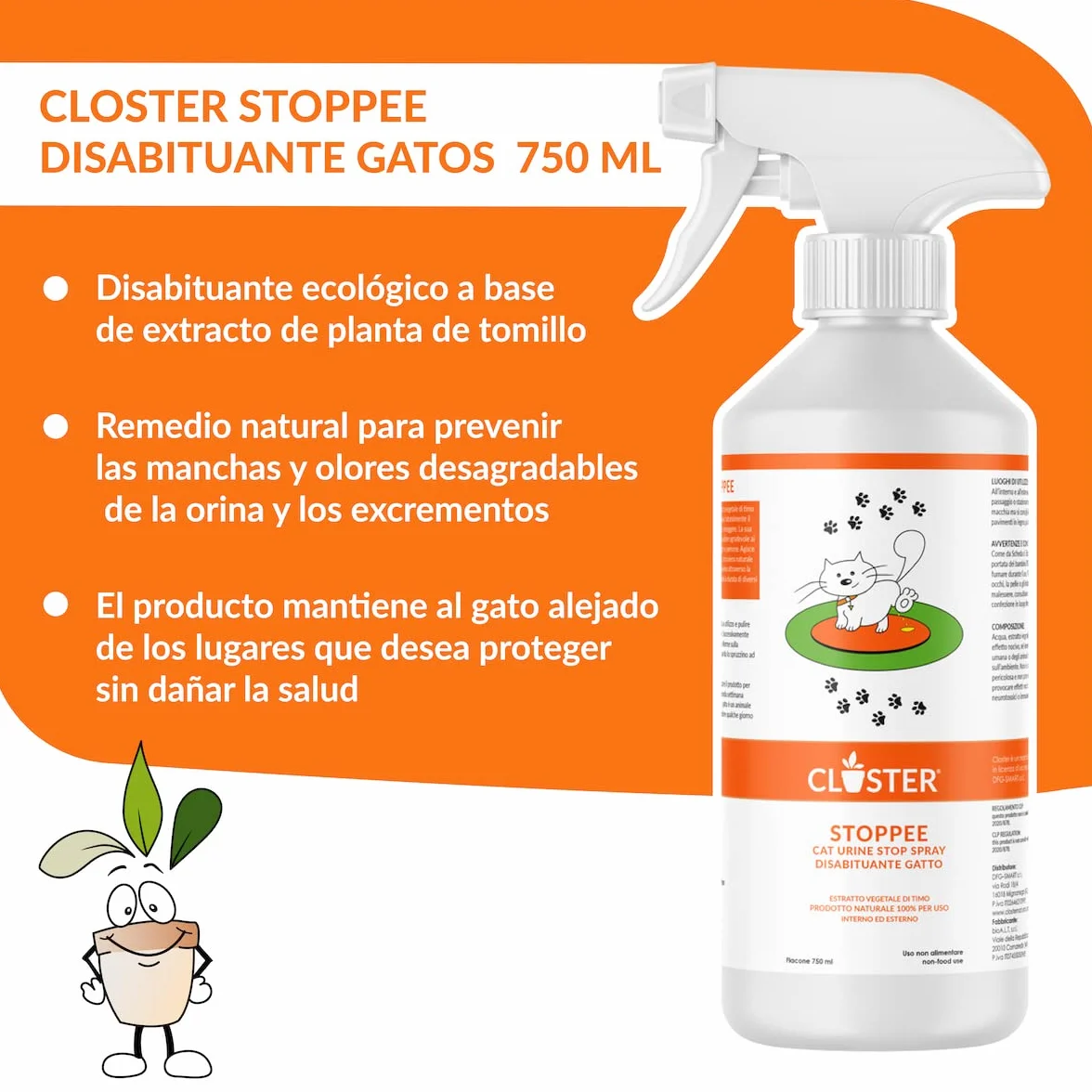 CLOSTER STOPPEE - Disuasivo para Gatos 750 ML - Spray disuasivo para Gatos de Base Vegetal de tomillo - Disuasivo para Gatos para Interiores y Exteriores - disuasivo para Gatos Producto 100% Natural