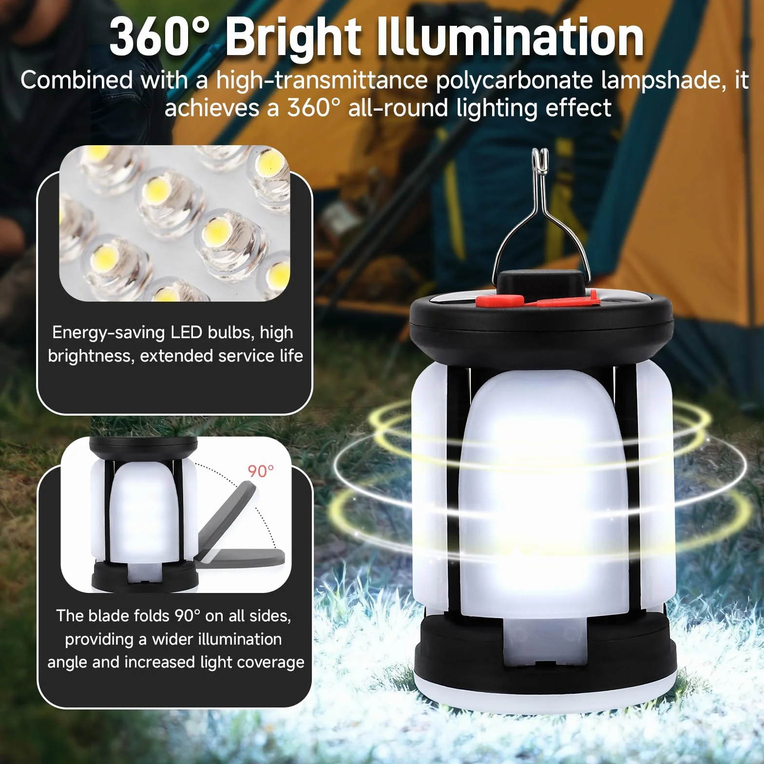 Lámpara Camping Plegable LED Recargable 6 Modos Luz 2400mAh Carga Solar USB 60 LEDs