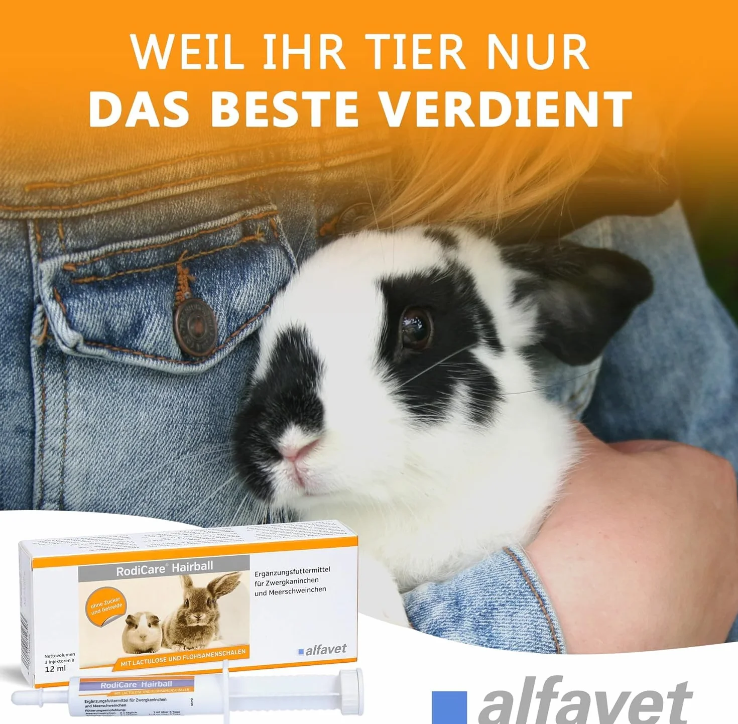 Alfavet RodiCare Hairball - alimento complementario para Conejos Enanos y cobayas - Ayuda a Eliminar Las Bolas de Pelo - 3 inyectores de 12 ml