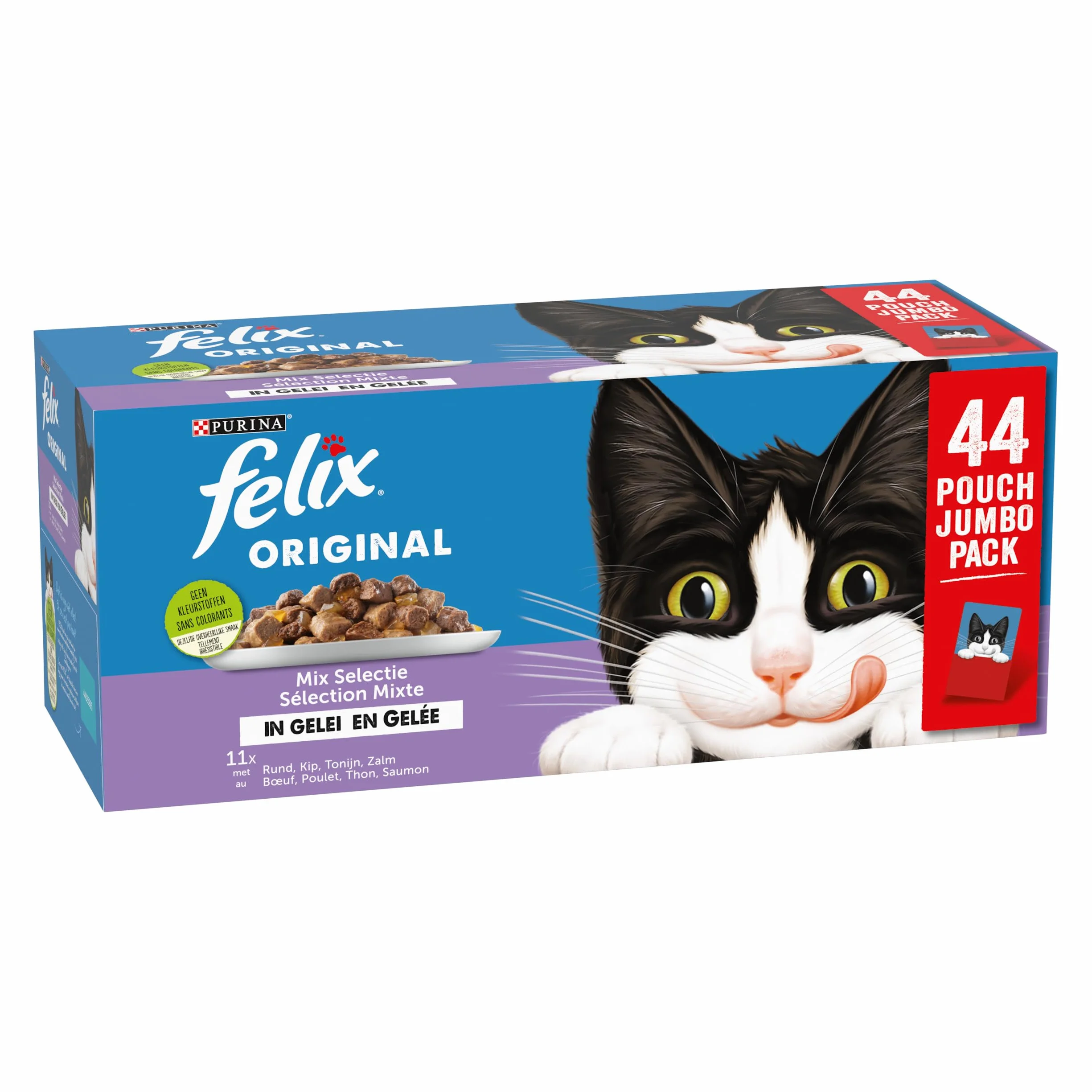 Felix Selección de Mezcla en Jalea de Comida para Gatos, Bolsas de Comida húmeda con Carne de Res, Pollo, salmón y atún, 44 x 85g (44 Bolsas de Comida; 3,7kg)