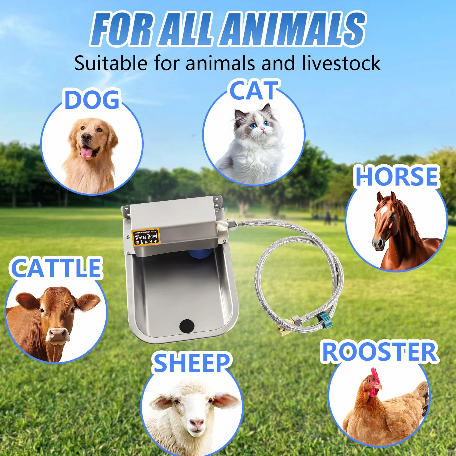 Bebedero Automático de Acero Inoxidable, con tubo de agua de 1m, para Caballos Ganado Vacuno Cabras Perros Gallinas, 3L