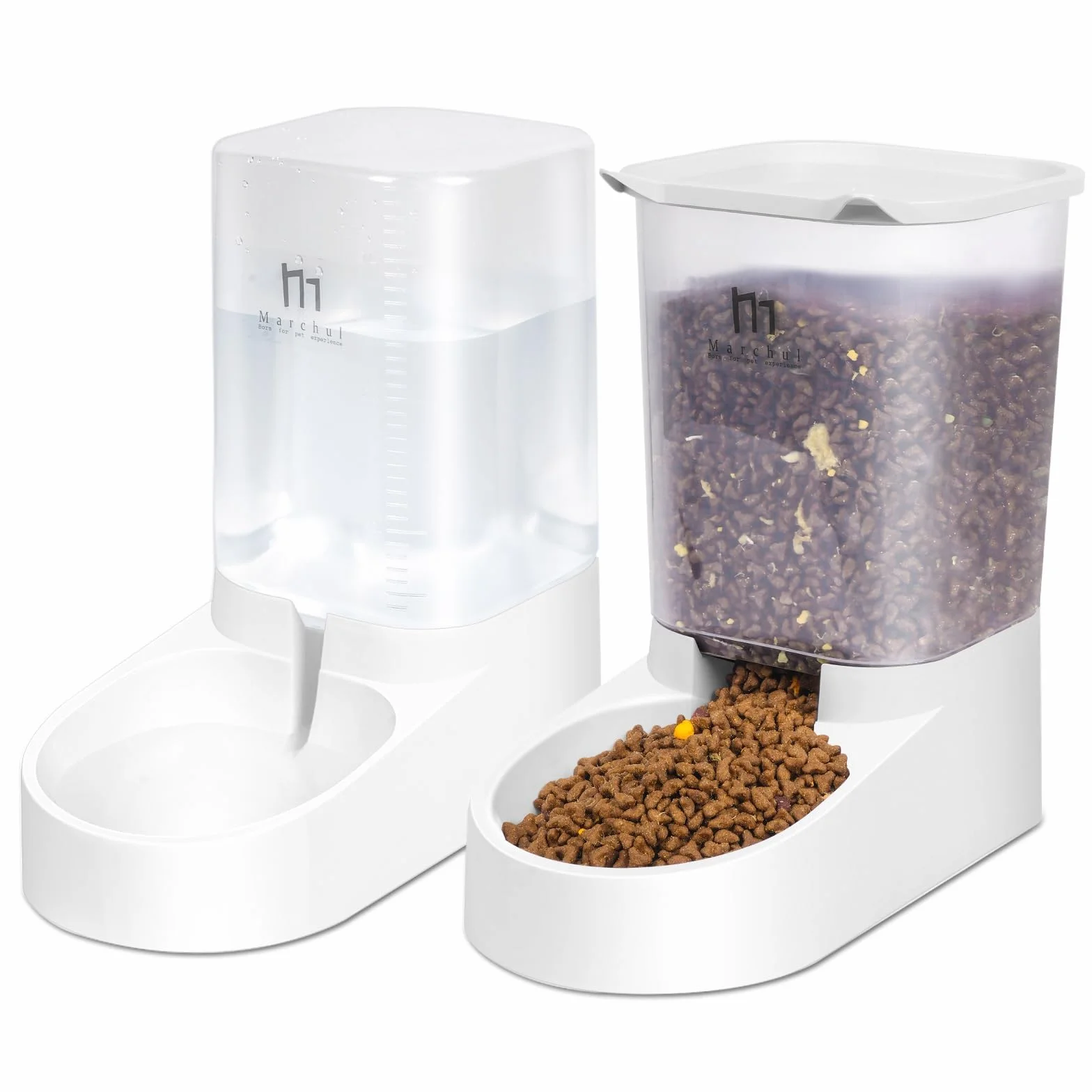 Marchul Dispensador para Gatos y Perros, Comida y Agua, Pack 2 Unidades, Comederos Automáticos, 3.8 L c/u, Comedero, Alimentador y Bebedero para Mascotas (Alfombrilla de Silicona)