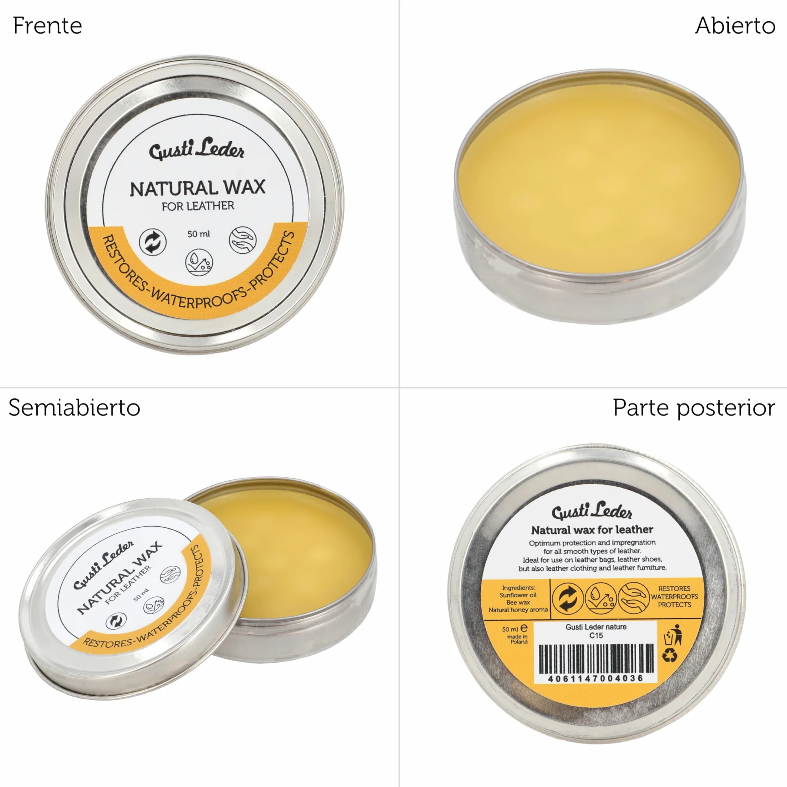 Gusti Leder Natural Wax - Cera de abejas para el cuidado del cuero para sofá, bolsos, zapatos y coche - grasa para cuero para brillo, protección y suavidad