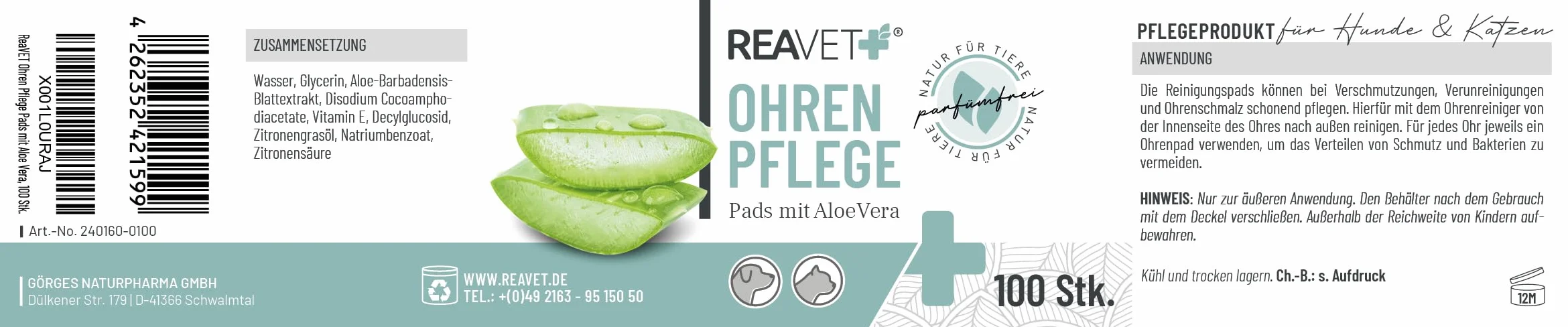 ReaVET 100 unidades de limpiador de oídos para perros y gatos Almohadillas para el cuidado de las orejas toallitas de limpieza para perros especialmente suave y suave con aloe vera para perros y gatos