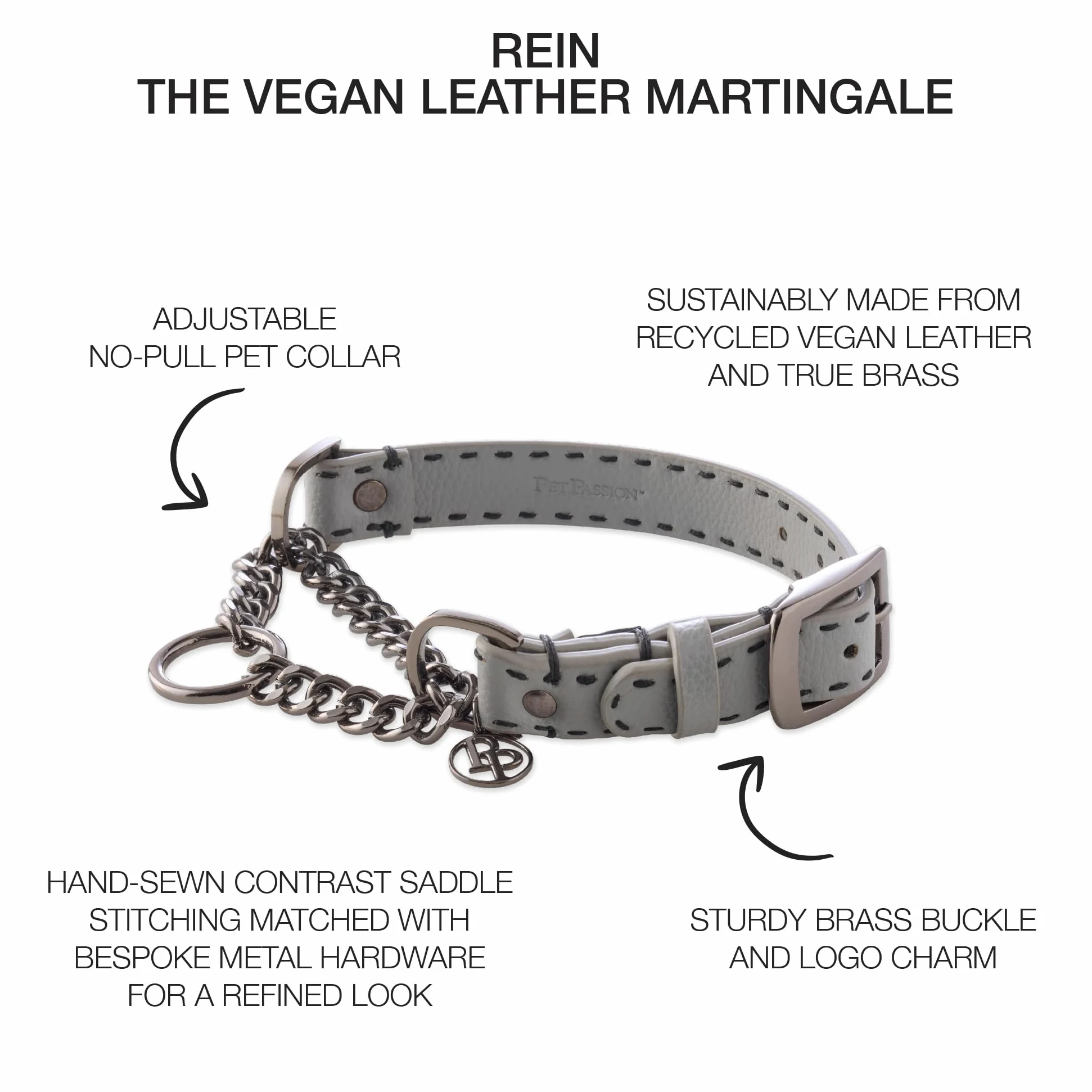 Pet Passion Rein - Collar Ajustable de Cuero Vegano Martingale sin tirones para Entrenamiento de Mascotas, para Cachorros, Perros pequeños, medianos y Grandes, Gris, Grande