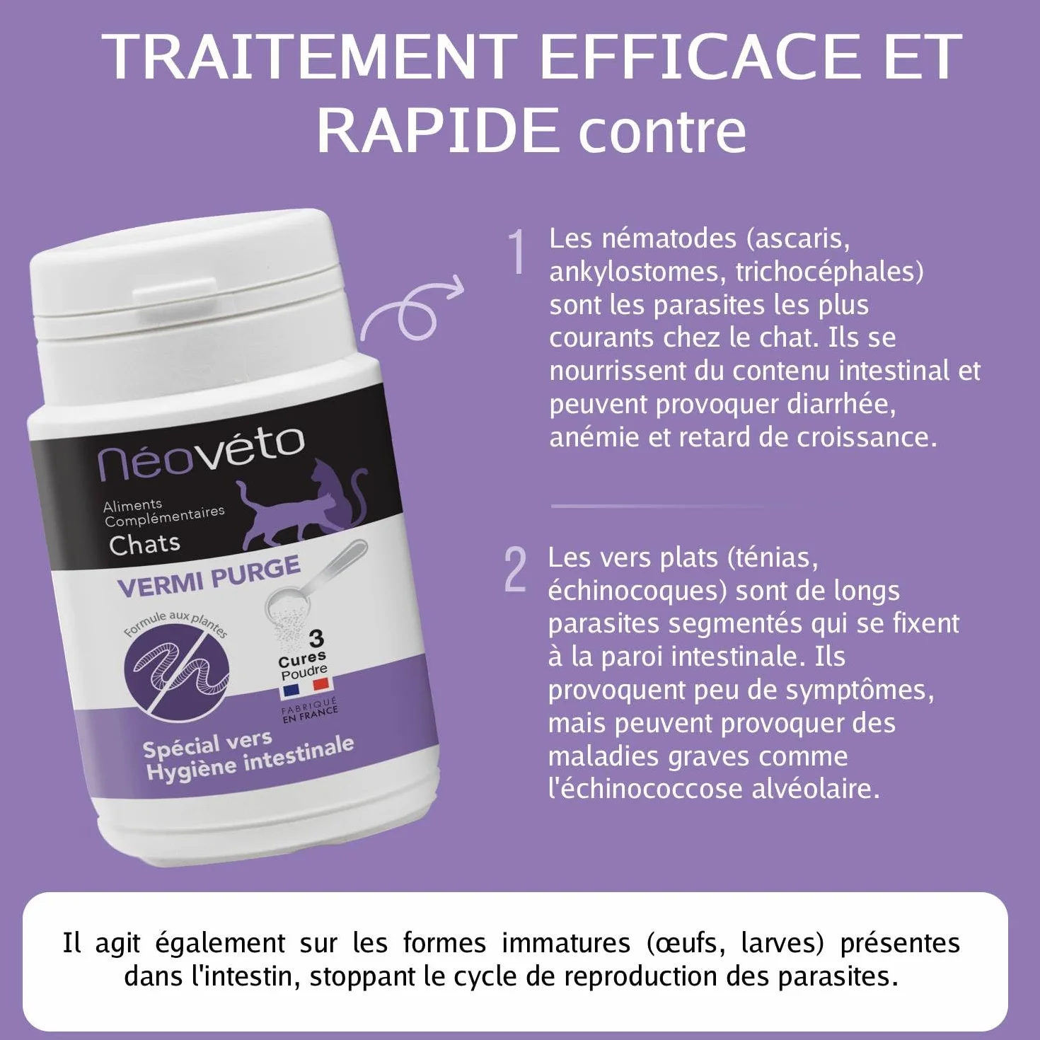 DESPARASITANTE para Gatos Antiparasitario Interno en en Polvo Natural, Ingredientes Activos autorizados por los Servicios Veterinarios Franceses