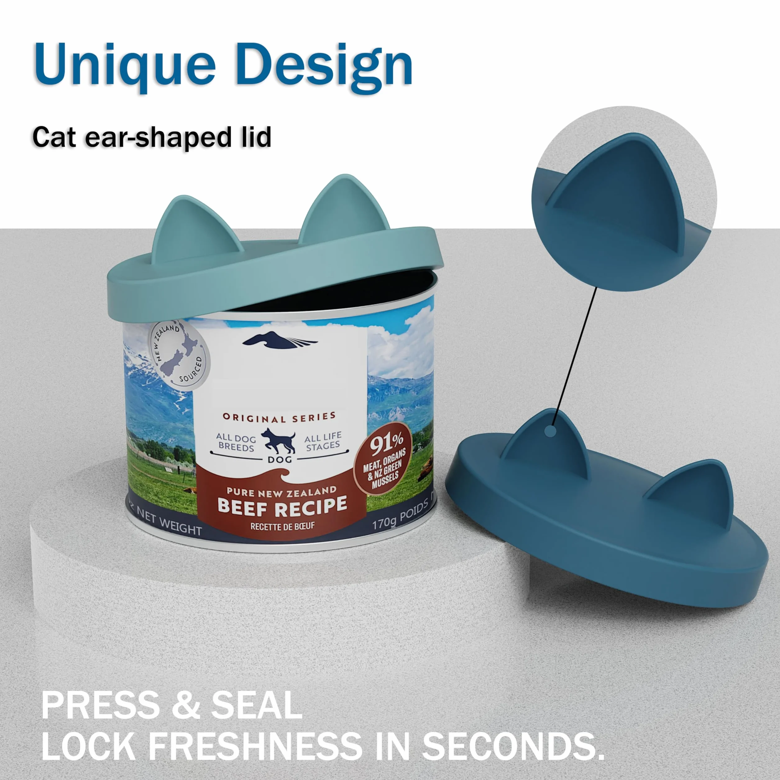 OHMO Tapas de latas para comida para perros, 75 mm, tapas de silicona para latas de alimentos para animales, 400 g, sin BPA, azul oscuro y azul claro, juego de 2