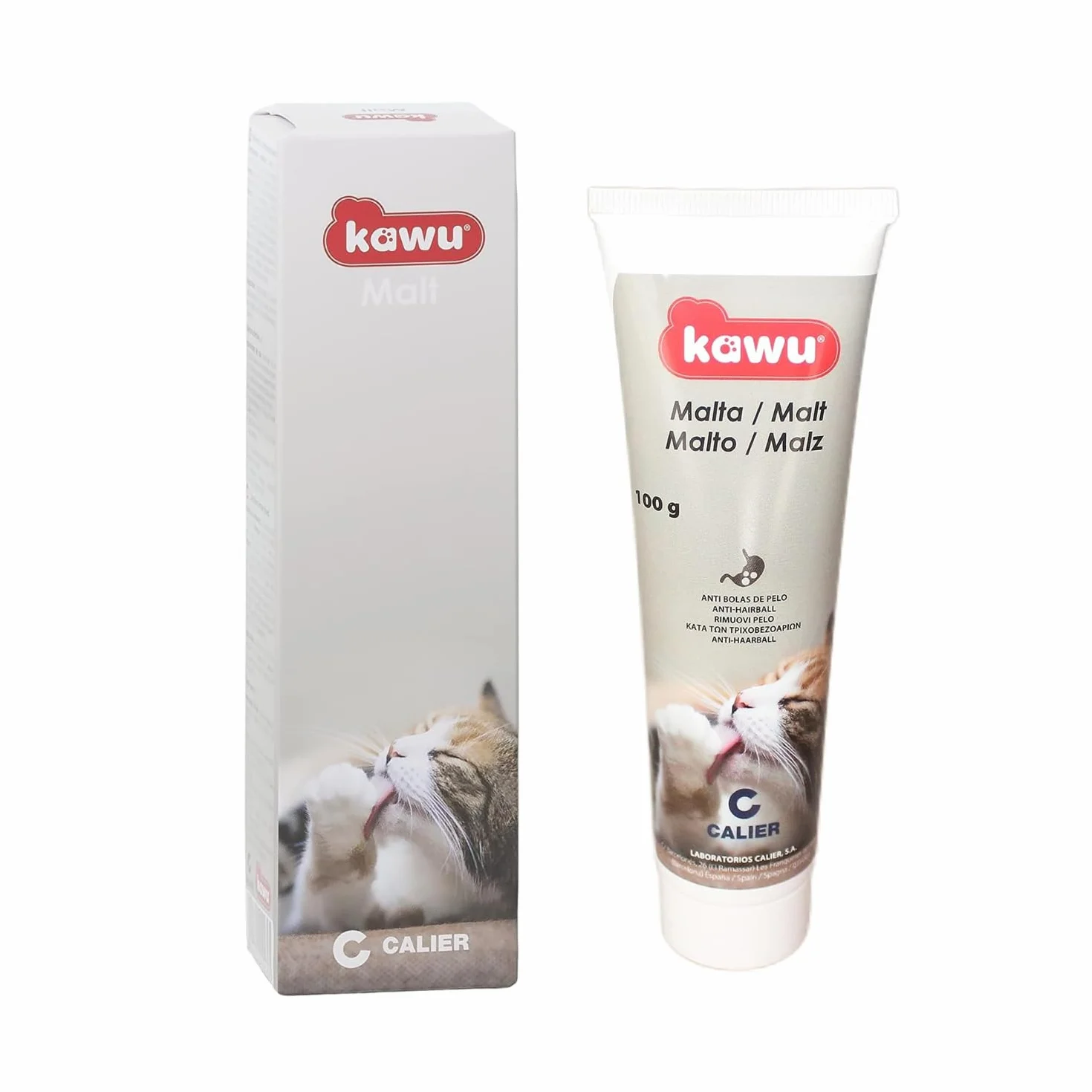 Calier - Kawu Malta - Complemento Nutricional para Gatos - Elimina y Previene Las Bolas de Pelo - Aporta Prebióticos, Ácidos Grasos Omega 3 y 6, y Minerales Esenciales - Pasta Oral Pack 6uds x 100 gr