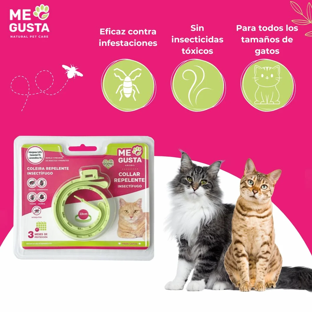 ME GUSTA Collar Repelente para Gatos con 3 Activos Naturales Margosa, Geraniol Y Lavandino | Repele Todo Tipo de Insectos | Fragancia Cítrica | Estuche | 30 cm