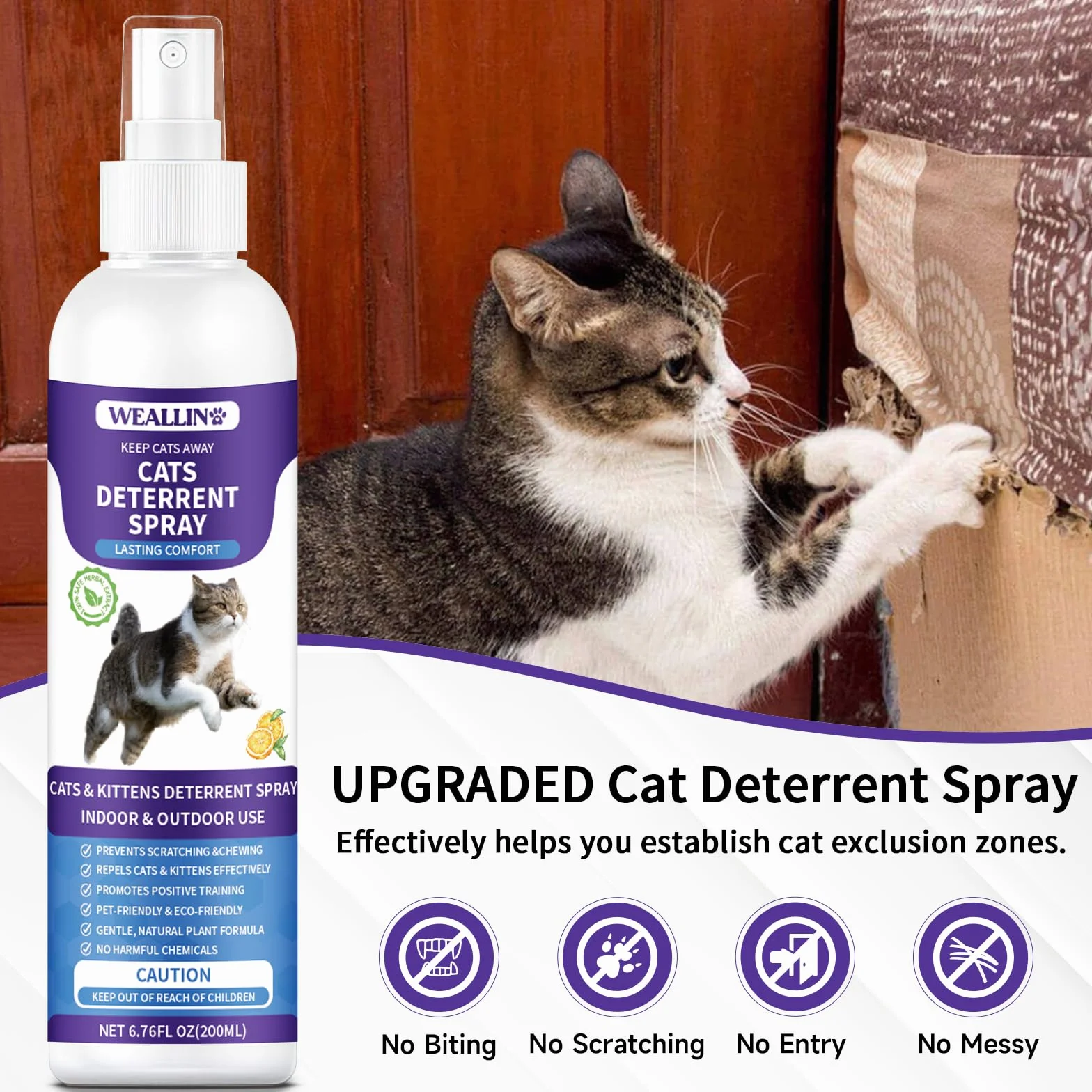 WEALLIN Spray Antiarañazos Gatos, 200ml Spray Repelente Gatos, Spray Ahuyentador para Gatos para Proteger Sofá y Muebles, Ideal para Uso Indoor y Outdoor con Gatos y Gatitos