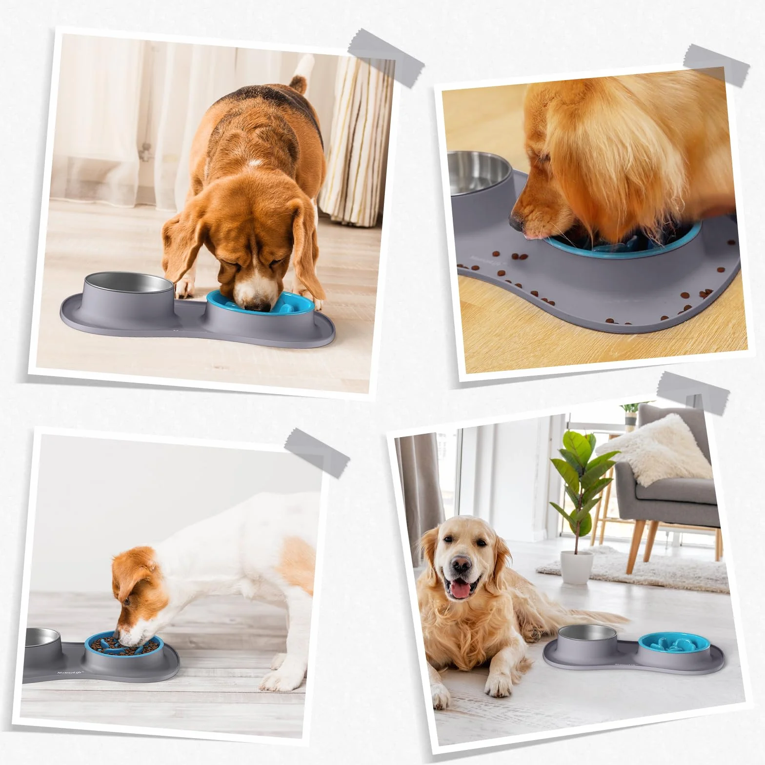 MateeyLife Juego de Boles para Perro 3 en 1, Comedero Antivoracidad Perro y Bebedero de Acero Inoxidable con Alfombrilla Antideslizante de Silicona, Cuencos para Perros de Todas Las Razas 43.7×25.9 cm