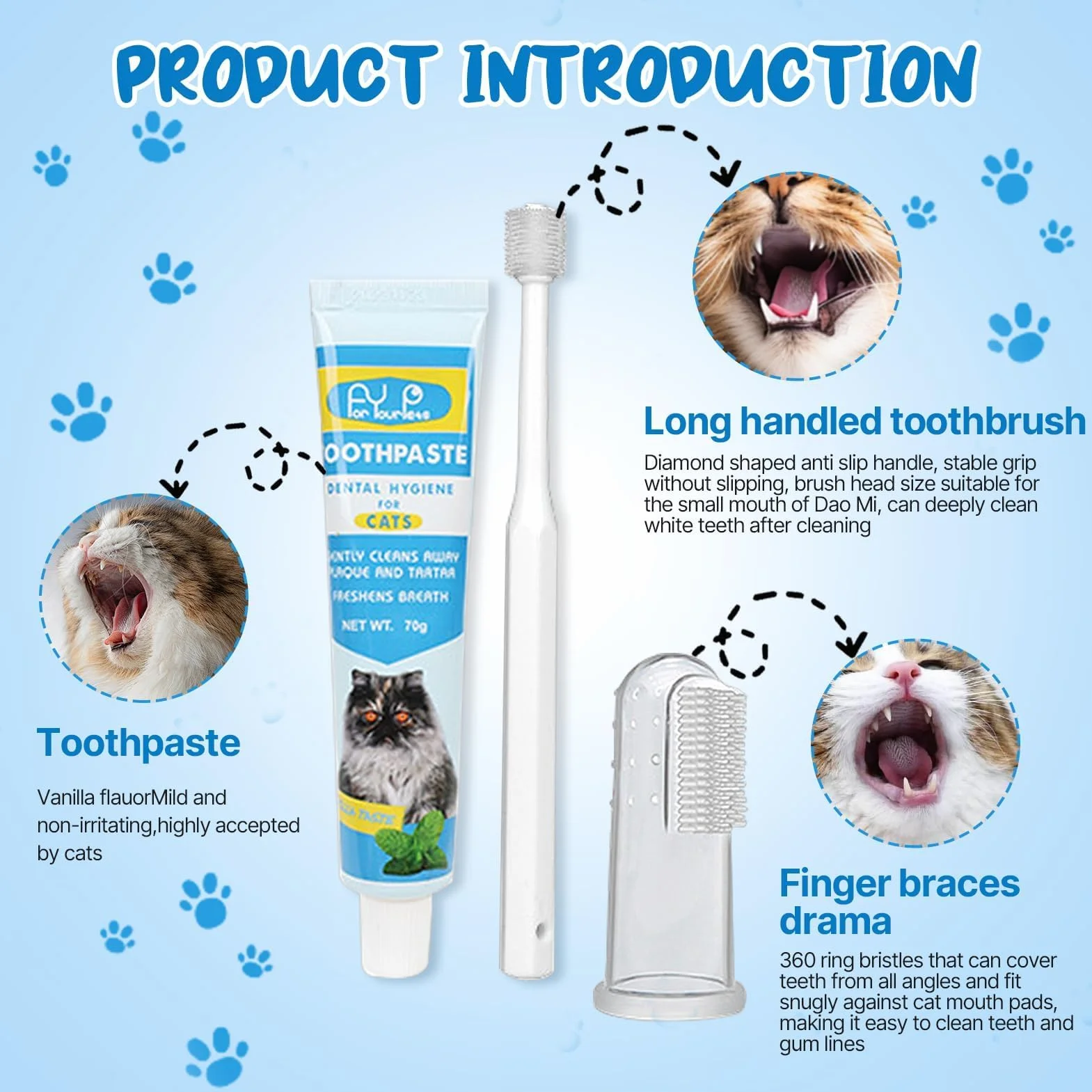 Pasta de dientes para gatos con cepillo de dientes y cepillo de dientes para perros y gatos, elimina la placa y el sarro, aliento fresco y bueno para los dientes