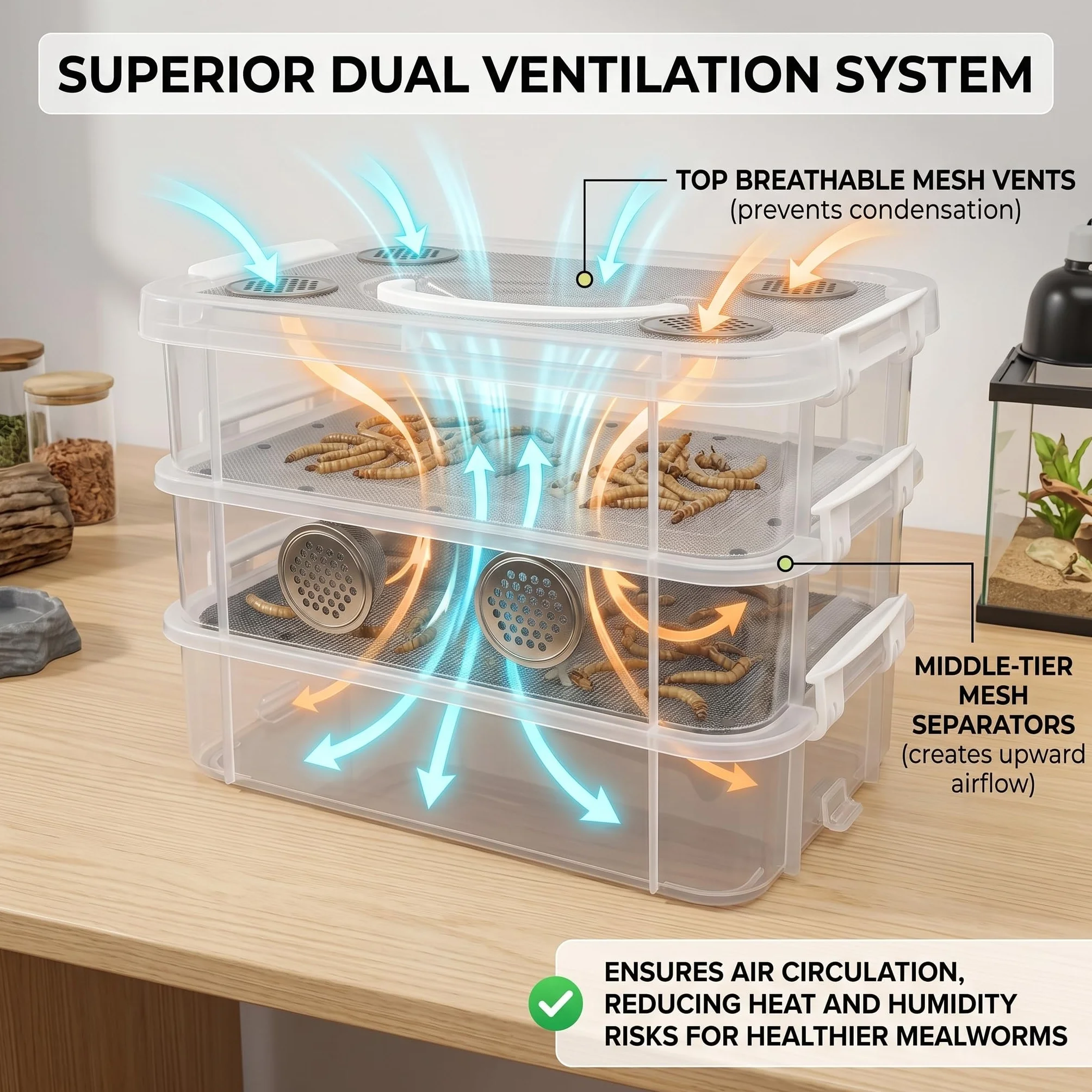 Kit de granja de gusanos, kit de cría de gusanos de la harina, hábitat de plástico transparente con doble ventilación, cerraduras antiescape y accesorios fáciles de limpiar