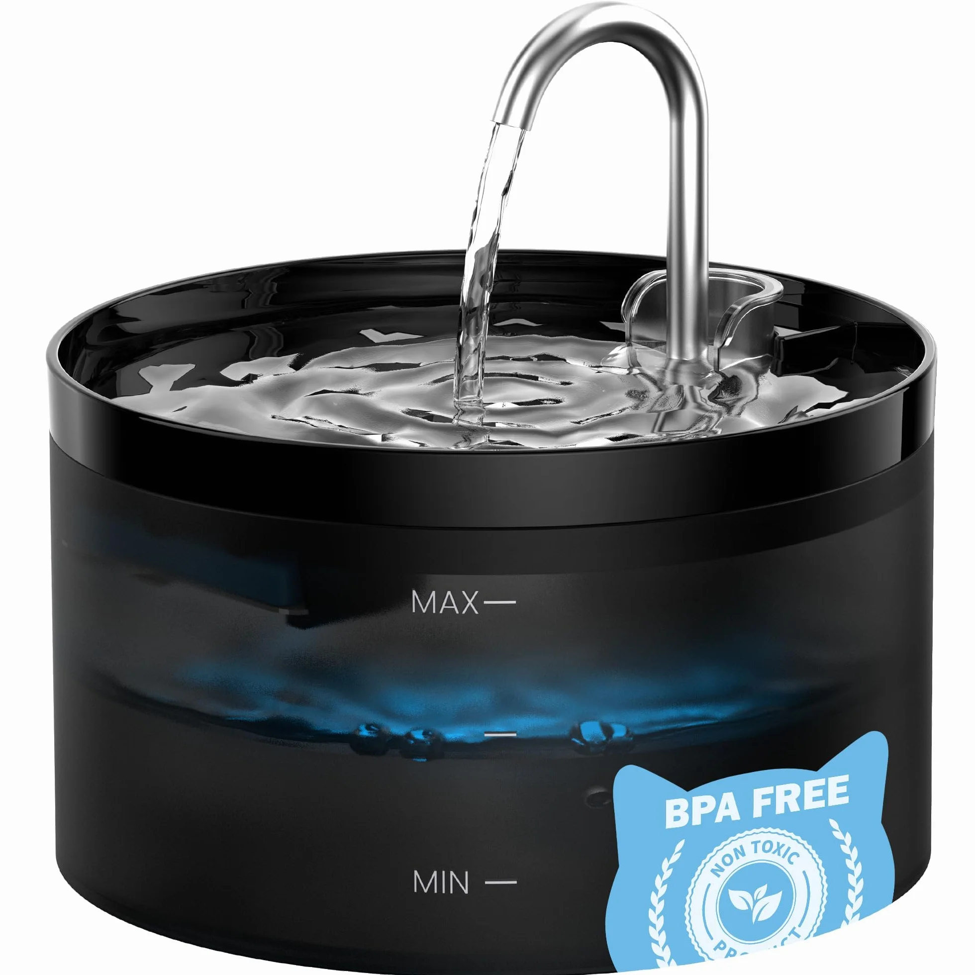 Fuente para Gatos, GIOTOHUN Bebedero con Forma de Grifo - 2L Bomba Súper Silenciosa, Filtro de Pelos Suelto, Dos Patrones de Flujo de Agua, Fácil de Quitar y Lavar - Negro
