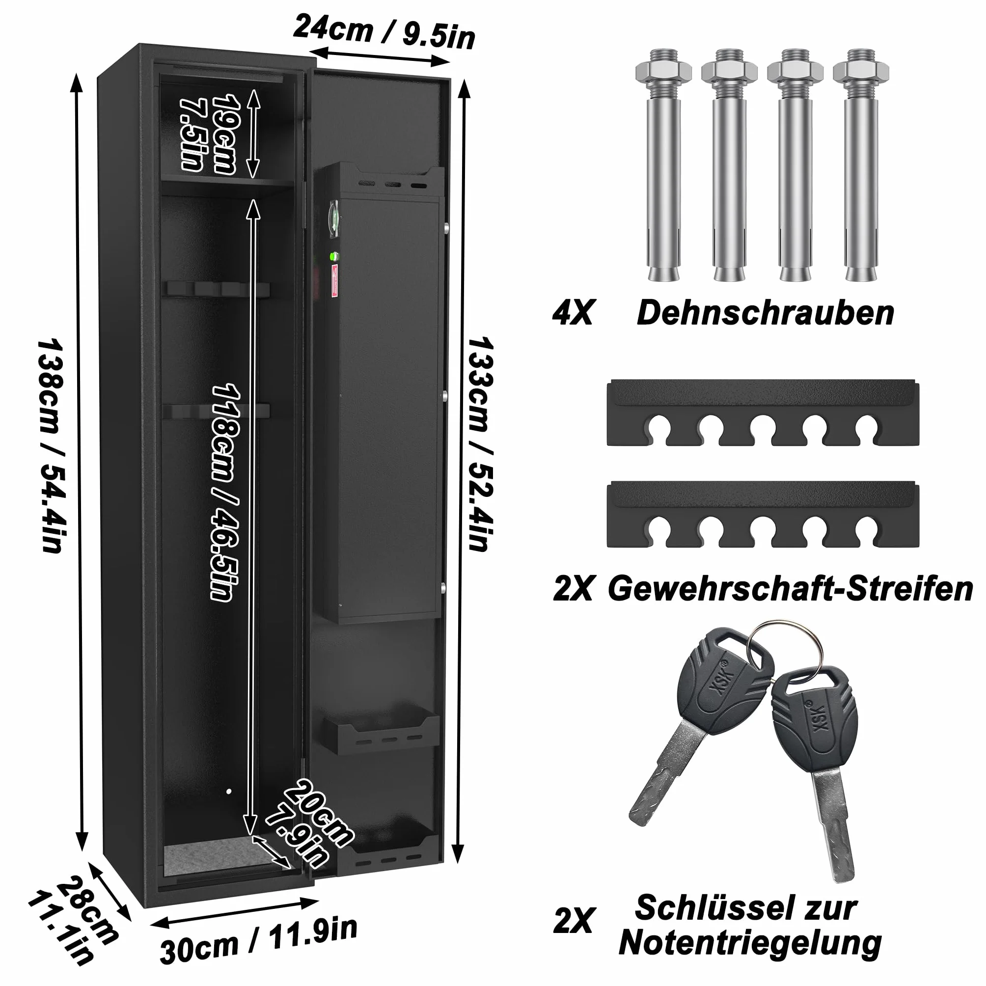 Armario para armas de chapa de acero, 30 x 28 x 138 cm, ajustable, con cerradura de llave y combinación, negro