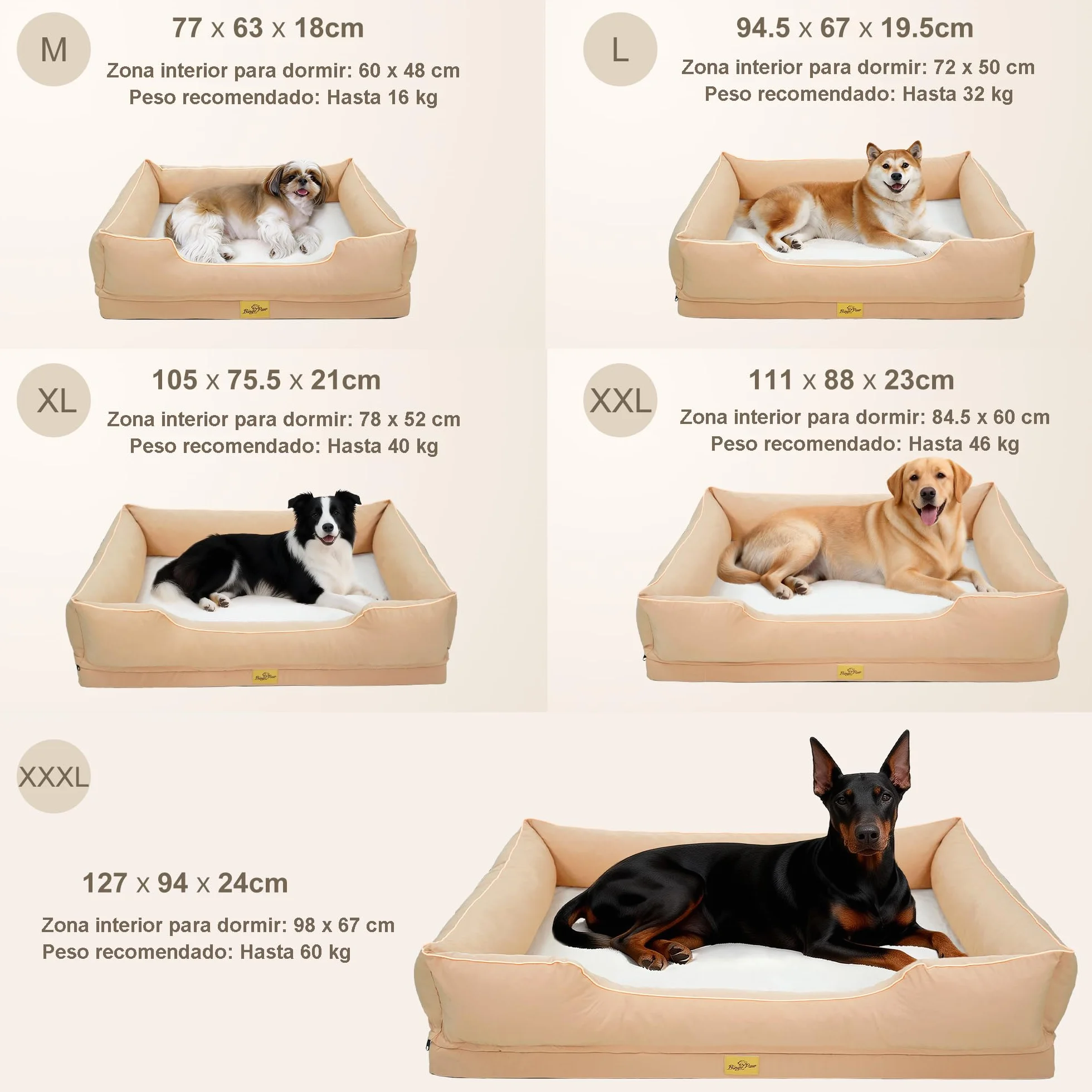 BingoPaw Cama Perro Ortopédica Extra Grande 105x75x21cm, Sofá Perro con Funda Desenfundable y Lavable, Colchon Perro con Superficie Impermeable y Fondo Antideslizante, Beige, XL