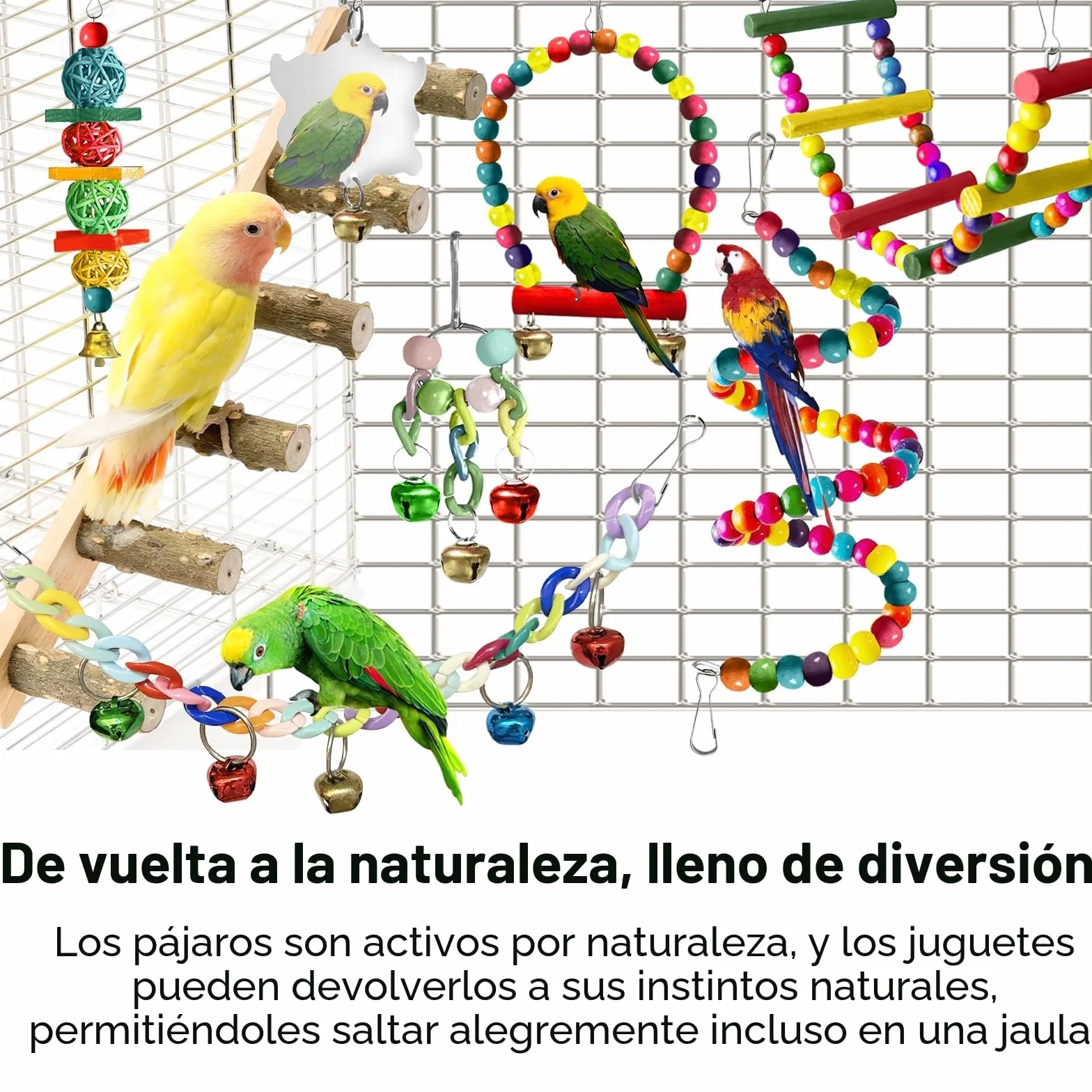 Juguetes para Pájaros, Juguetes de Loro Pájaro, Juguetes Agapornis, Accesorios para Jaula de Pájaros, con Campanas, Columpios, Juguete de Masticación, para Pequeños y Medianos Loros de Aves