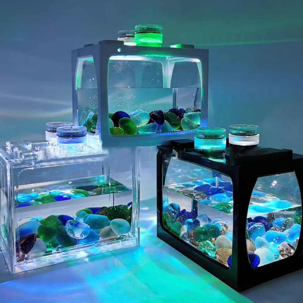 Qcwwy Mini Pecera Acrílica, Kits de Iniciación para Acuarios Mini Pecera Acuario Cubo Apilable Tanque Escritorio Mini Acuario Tanque Tazón con Luz LED USB(Negro)