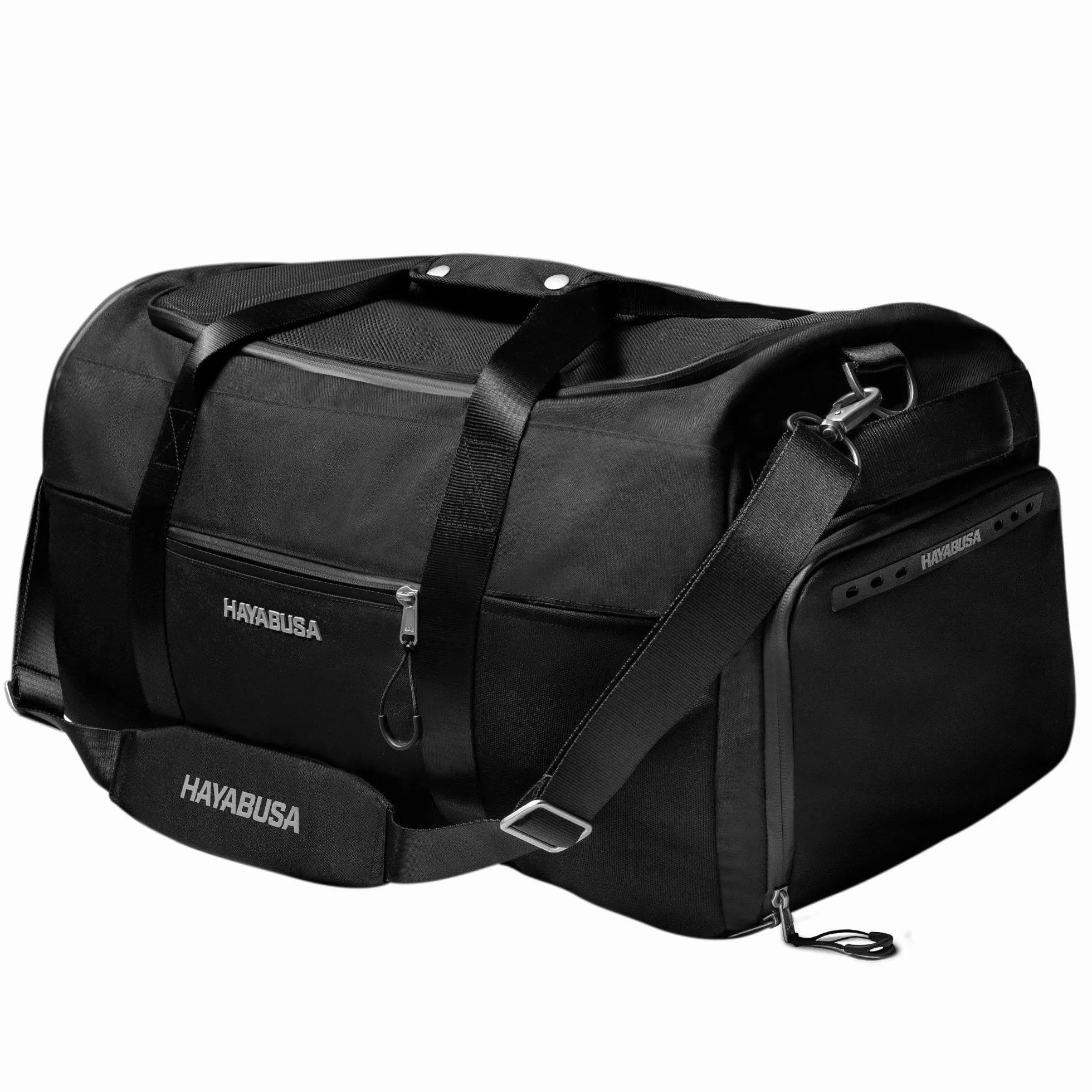 Hayabusa Airstream Bolsa de gimnasio negra 50 l 7 bolsillos con cremallera para viajes boxeo MMA BJJ kickboxing