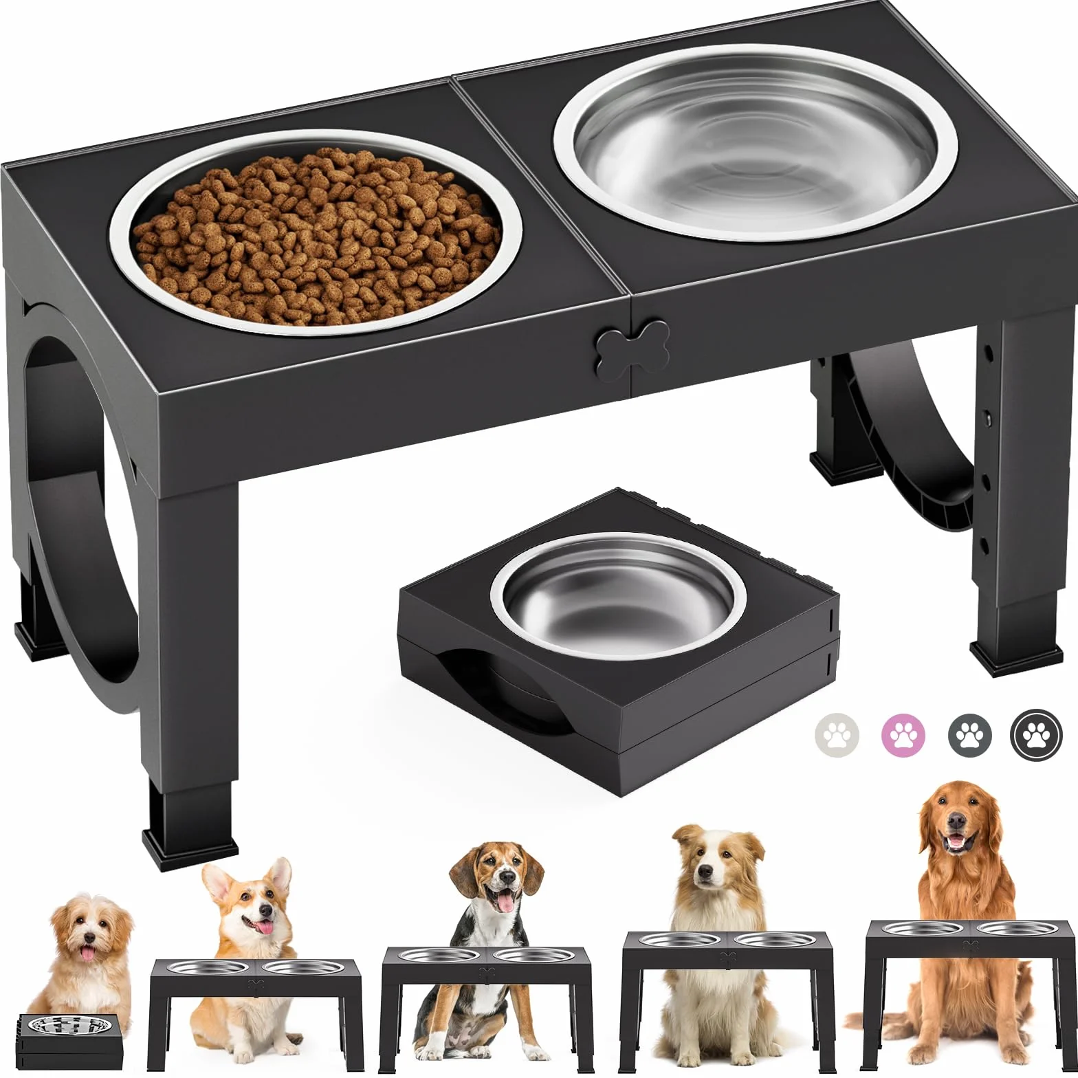 X XBEN Comedero Perro Elevado, Comedero Elevado de 5 Alturas Ajustables, 2X1,5L Comedero y Bebedero Perro, Comederos Elevados para Perros Pequeños, Medianos y Grandes, Plegable y Antideslizante